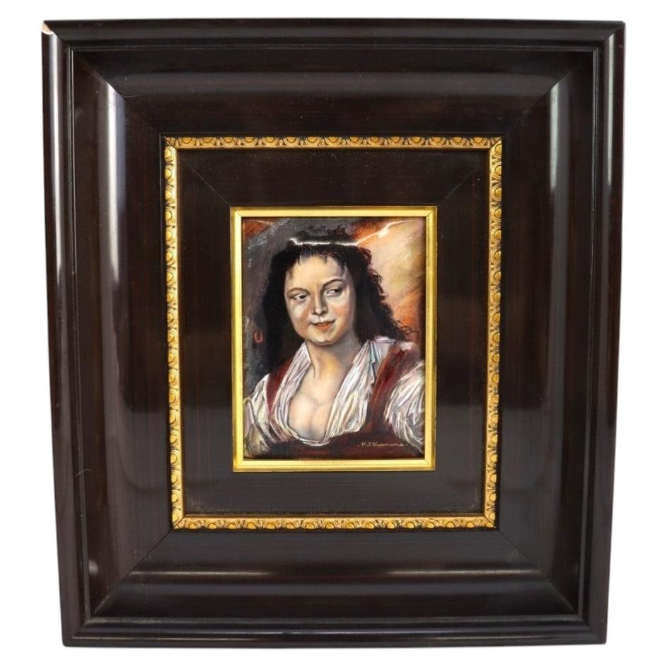 Framed Limoges enamel copper plaque after Frans Hals Gypsy Girl (1 of 9)