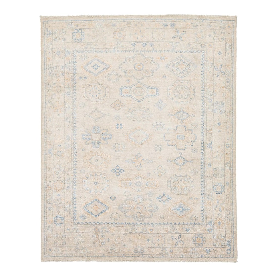 7'8" x 9'6" Hand Knotted Wool Peshawar Rug in Sky Blue Ivory: 7'8" x 9'6" Hand Knotted Wool Peshawar Rug in Sky Blue Ivory This modern Peshawar rug features a hand-knotted wool construction with a soft, understated palette of powder blue, ivory, and sand. It has
