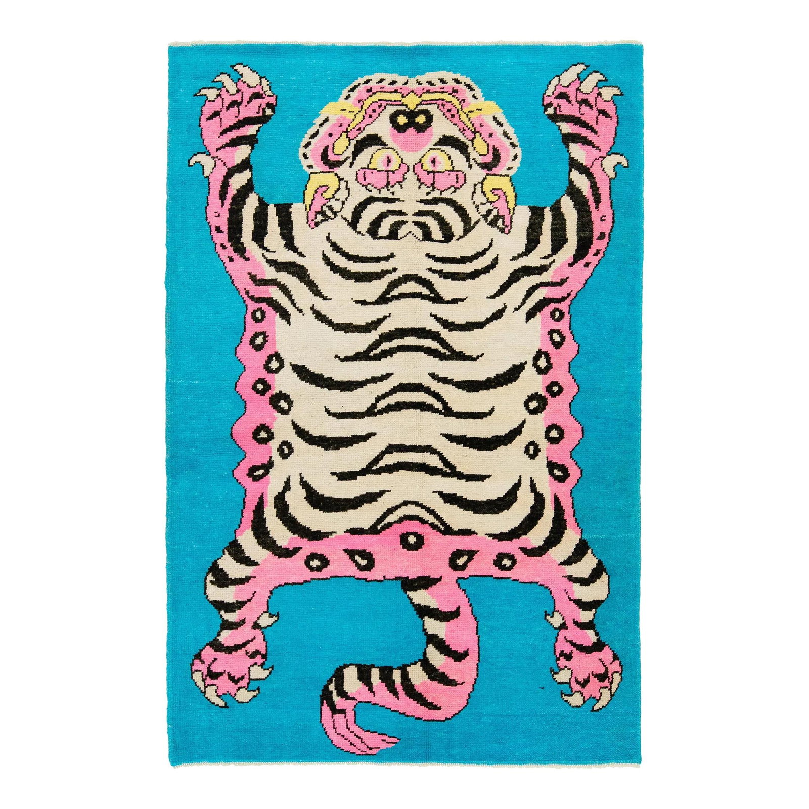 Handmade Turkish Wool Rug with Tiger Design in Blue: Handmade Turkish Wool Rug with Tiger Design in Blue This stunning Turkish Art Deco wool rug showcases a striking tiger pictorial design set against a vibrant blue field. Accents of pink and beige enha