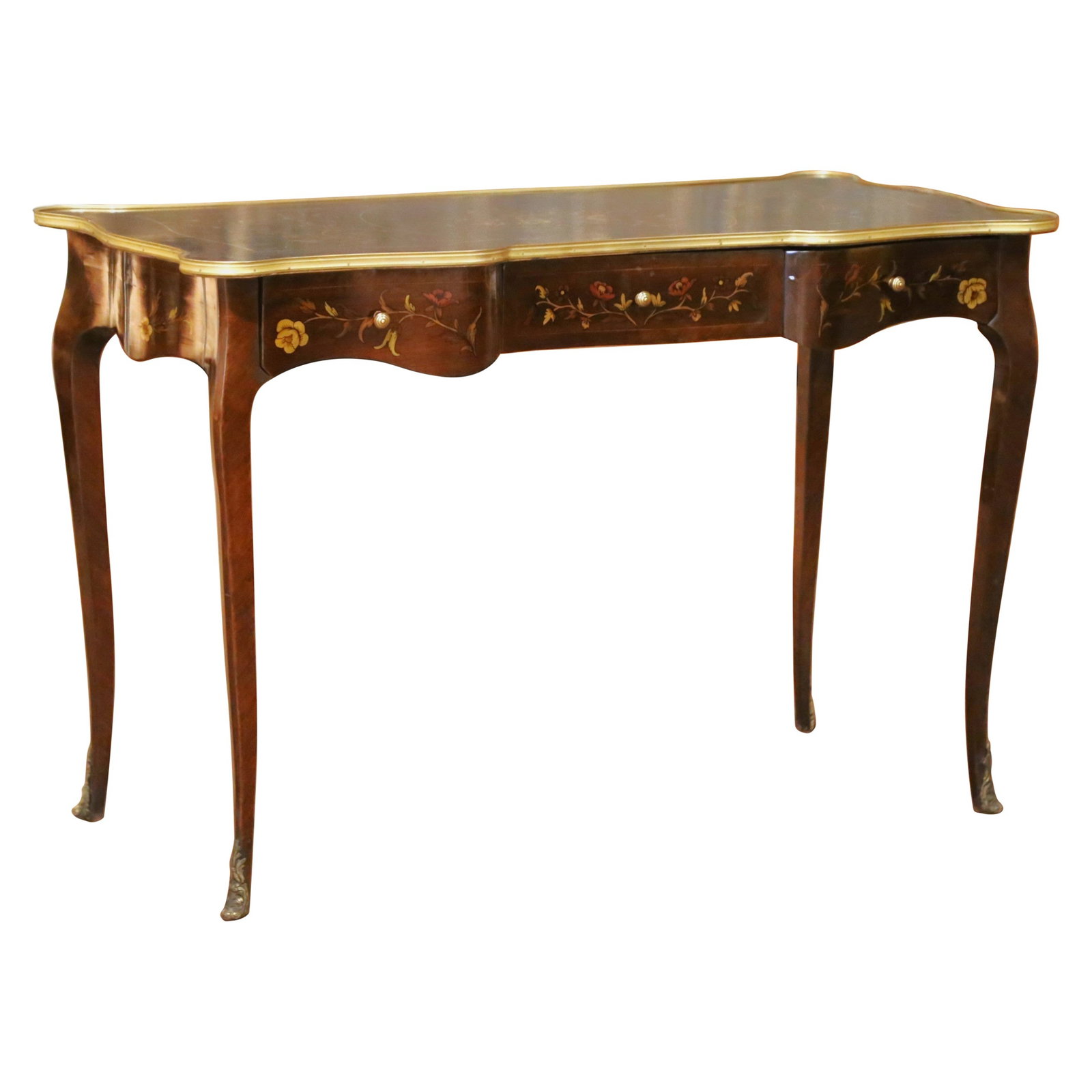 French Louis XV Style Mahogany Marquetry Desk with Brass Trim 47.5 W (1 of 14)
