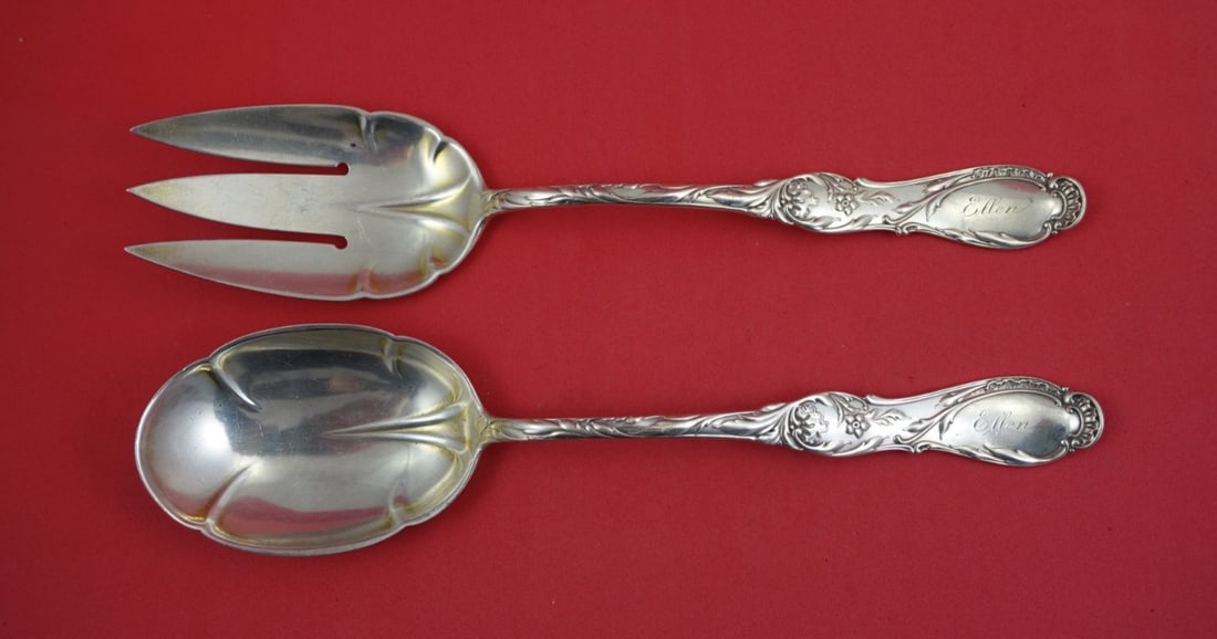 Sterling Silver Salad Set Rouen Pattern by Gorham 10.5 Inch: Sterling Silver Salad Set Rouen Pattern by Gorham 10.5 Inch This Rouen by Gorham salad serving set is crafted from sterling silver and features a length of 10 1/2 inches. The set is monogrammed, with 