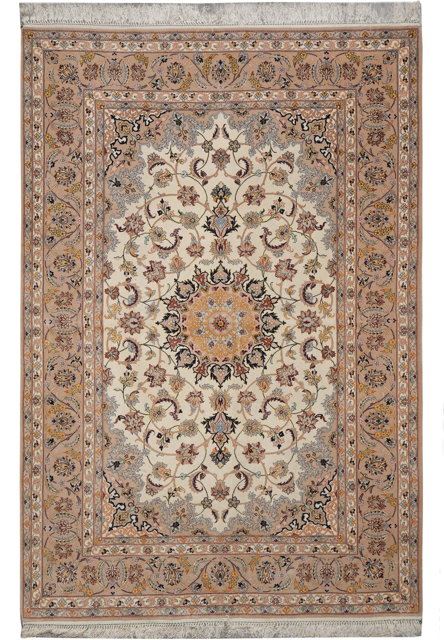 Authentic Persian Esfahan Rug 5 x 7.4 Hand Knotted Kork Wool Silk: Authentic Persian Esfahan Rug 5 x 7.4 Hand Knotted Kork Wool Silk Free continental US Shipping This is a high quality authentic Persian Esfahan rug, hand-knotted in Iran. It features a classic central