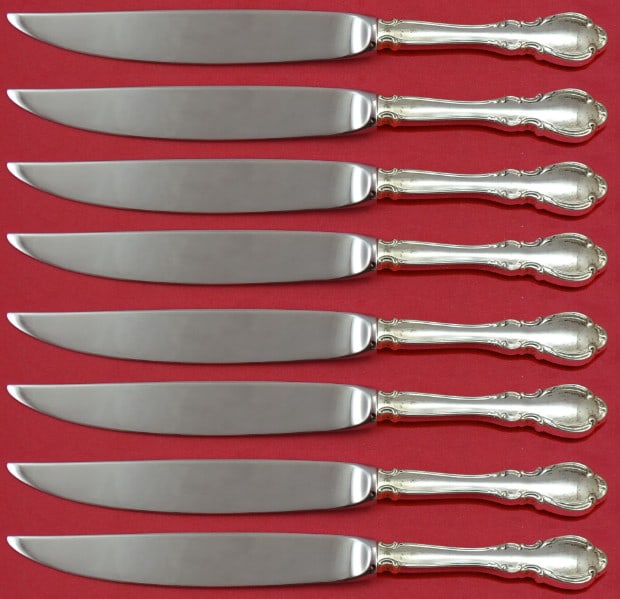 Towle Legato Sterling Silver Steak Knife Set 8pc Not Serrated 8": Towle Legato Sterling Silver Steak Knife Set 8pc Not Serrated 8" This exquisite set of Legato by Towle steak knives features eight beautifully crafted pieces, each measuring 8 inches. Made from high-q