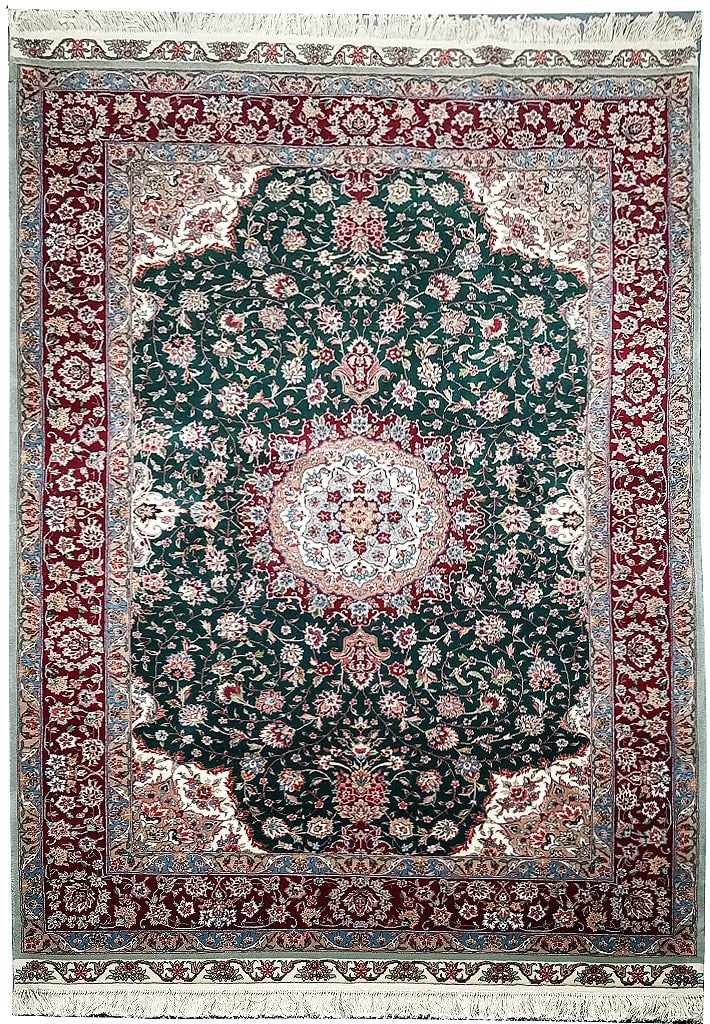 Luxurious 6.2 x 9.4 Green Persian Wool Silk Hand-Knotted Rug: Luxurious 6.2 x 9.4 Green Persian Wool Silk Hand-Knotted Rug Free continental US Shipping Enhance your living space with this luxurious 6' 2" x 9' 4" Green Persian Wool and Silk Rug. Handcrafted by sk