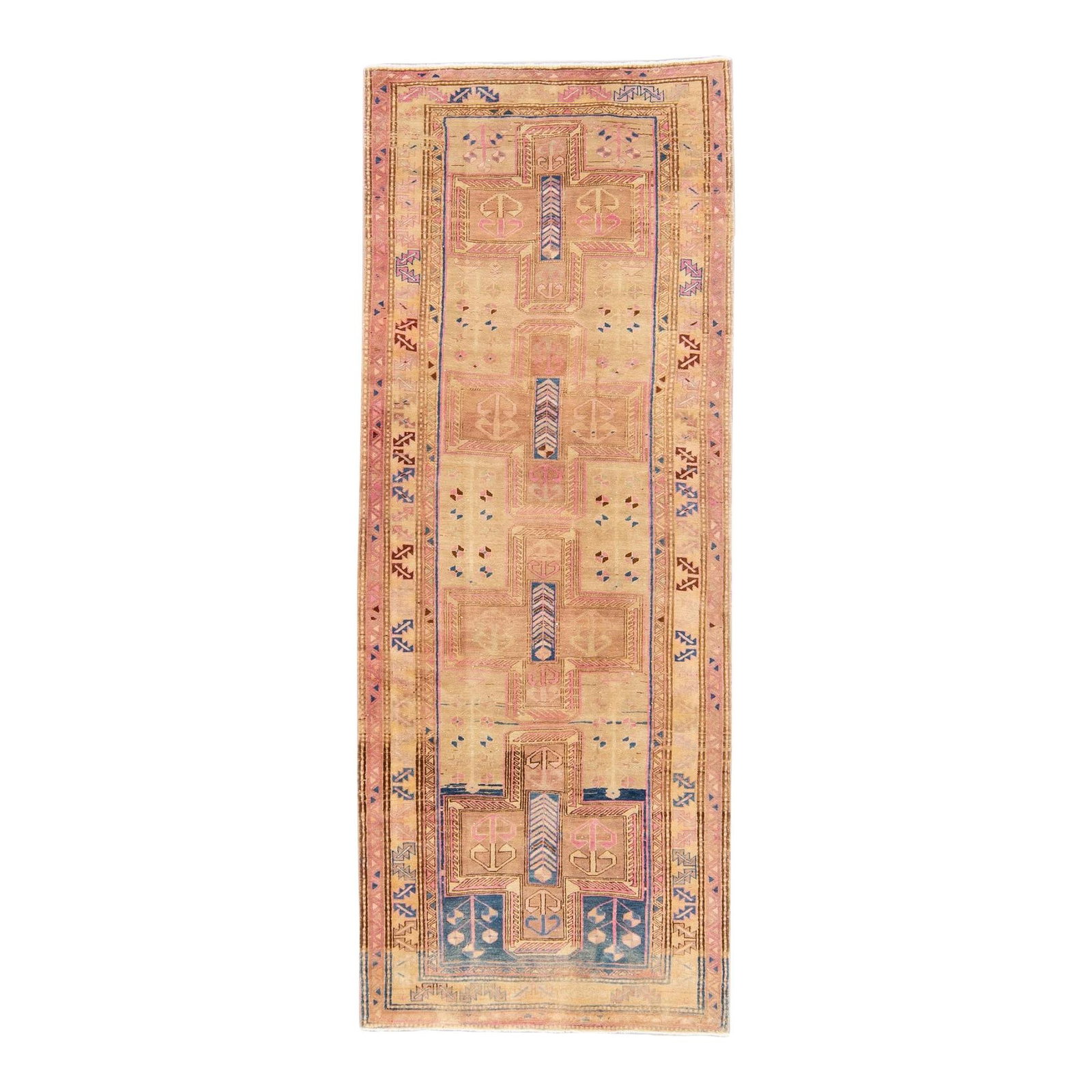 1960s Vintage Hand-Knotted Wool Runner Geometric Design 4'1 x 10'8: 1960s Vintage Hand-Knotted Wool Runner Geometric Design 4'1 x 10'8 Enhance your space with this exquisite vintage distressed hand-knotted wool runner from the 1960s. Featuring a light orange field and