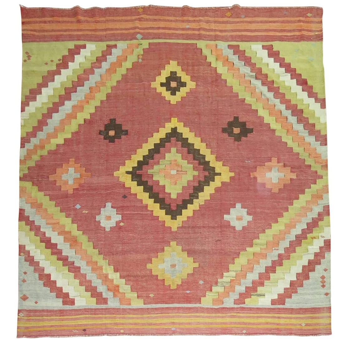 Georgian Turkish wool hand knotted kilim 98 x 103 in: Georgian Turkish wool hand knotted kilim 98 x 103 in This vintage Turkish Kilim features a unique square shape and showcases traditional Georgian style. Hand-knotted from wool, it dates to circa 1940 