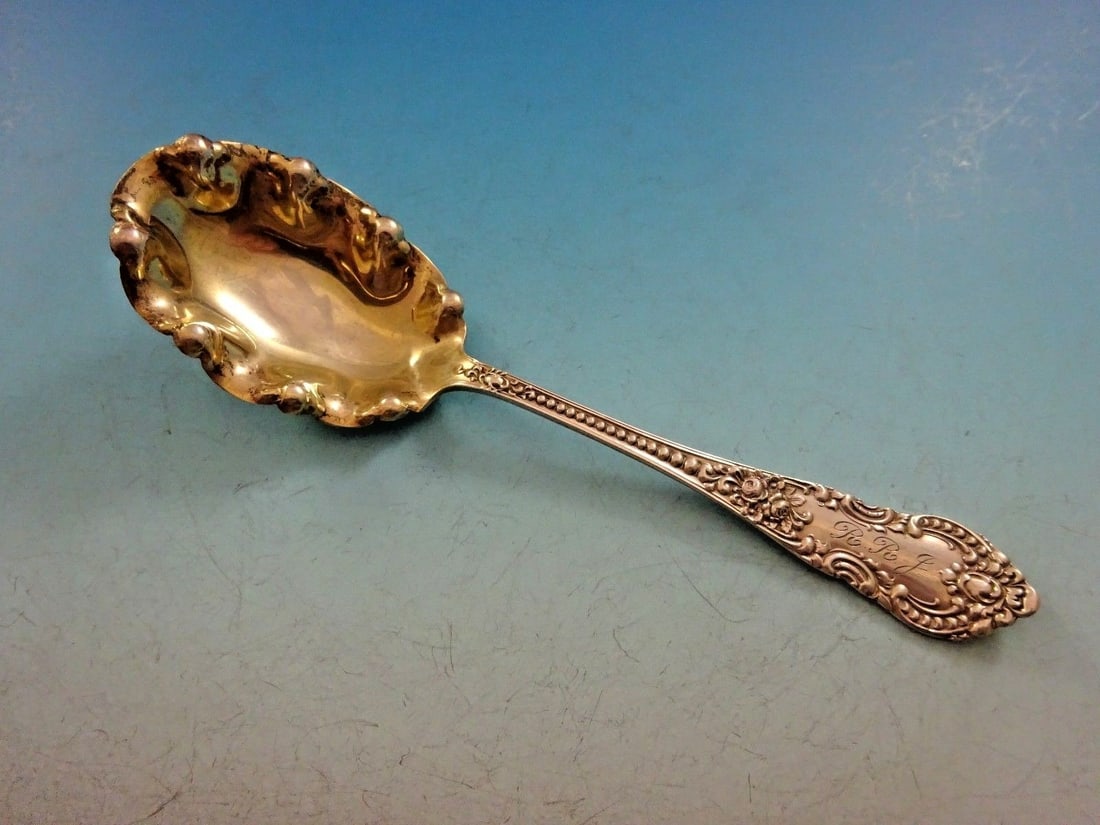 Knowles Mauser Apollo Sterling Silver Sugar Spoon 6 inch Gold Washed Ruffled: Knowles Mauser Apollo Sterling Silver Sugar Spoon 6 inch Gold Washed Ruffled This elegant sugar spoon features the Apollo pattern by Knowles and Mauser. Crafted from sterling silver, it showcases a be