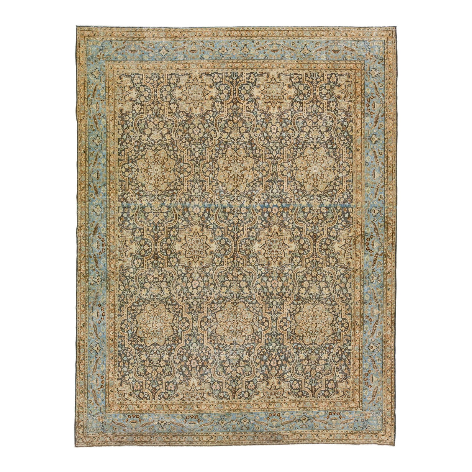 1930s Handmade Persian Tabriz Wool Rug Grey Floral Design 9'10 x 12'10: 1930s Handmade Persian Tabriz Wool Rug Grey Floral Design 9'10 x 12'10 This stunning vintage Tabriz rug from the 1930s features a captivating grey color field with an intricate all-over floral pattern