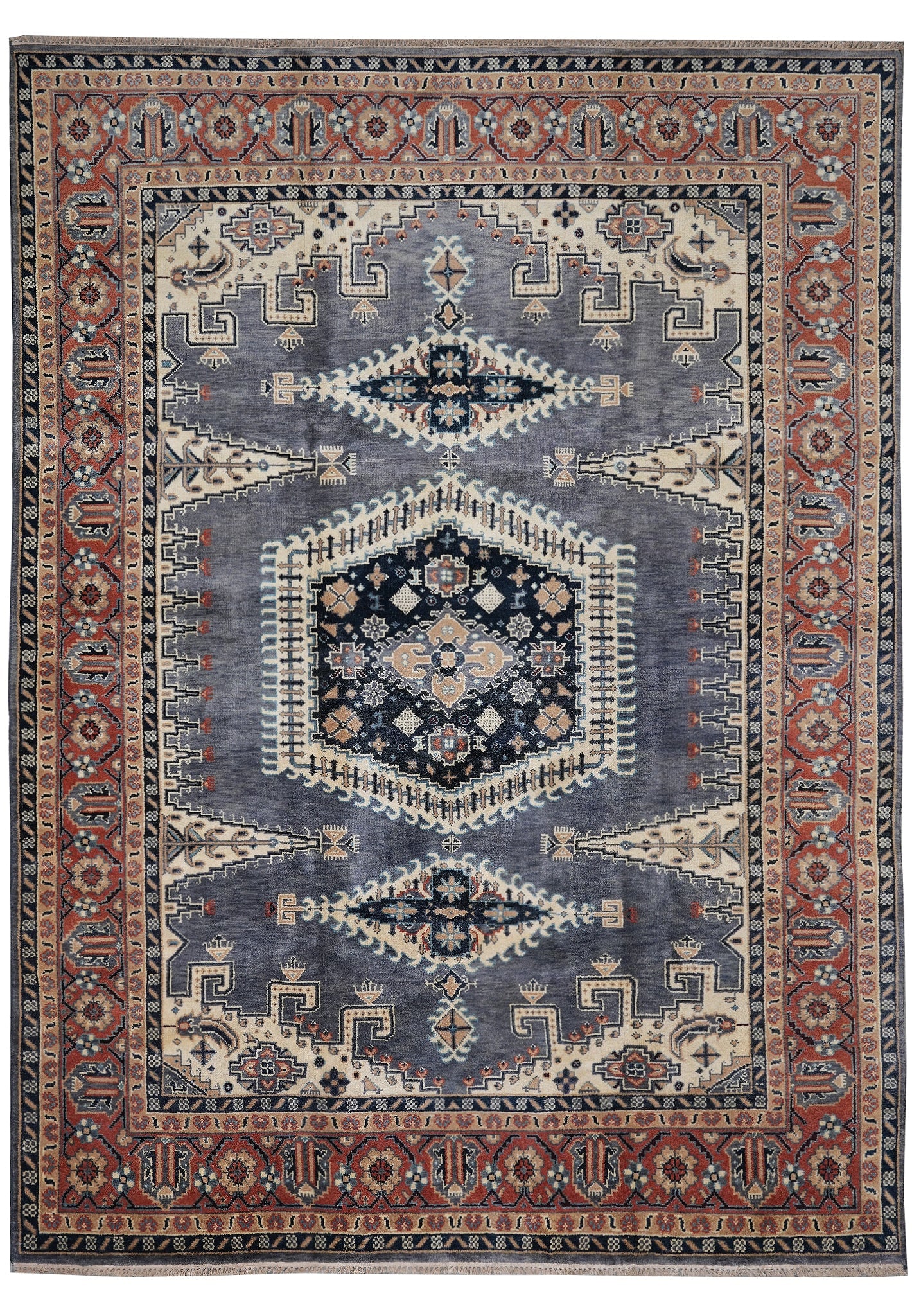 9 x 12 Hand-Knotted Agra Rug Slate Gray Blue Geometric Wool: 9 x 12 Hand-Knotted Agra Rug Slate Gray Blue Geometric Wool Free continental US Shipping This 9 x 12 hand-knotted Agra rug features a contemporary slate gray and blue geometric design. Made in India u