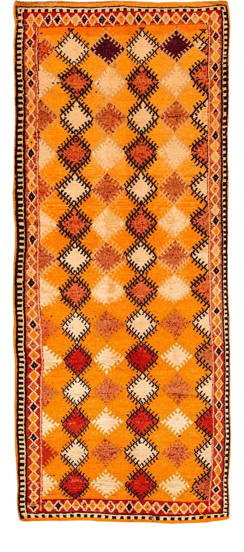 Vintage Geometric Moroccan Tribal Rug 4'9 x 11'5 Wool Orange: Vintage Geometric Moroccan Tribal Rug 4'9 x 11'5 Wool Orange This stunning Mid-20th Century Vintage Moroccan rug features a beautifully hand-knotted geometric design set against a vibrant orange field