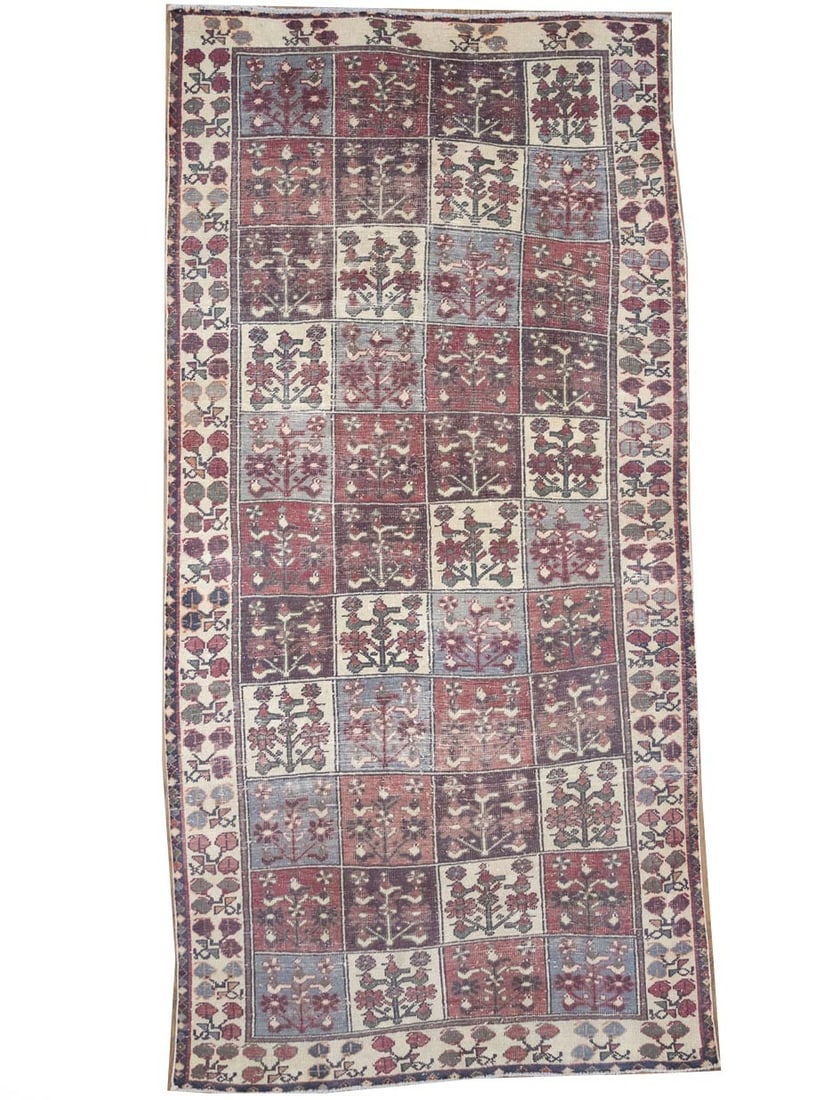 Hand Knotted Wool Floral Area Rug 4'9 x 9'9 Vintage: Hand Knotted Wool Floral Area Rug 4'9 x 9'9 Vintage This semi-antique tribal geometric oriental rug features a distressed, vintage aesthetic with a multicolored palette including red, cream, light gra