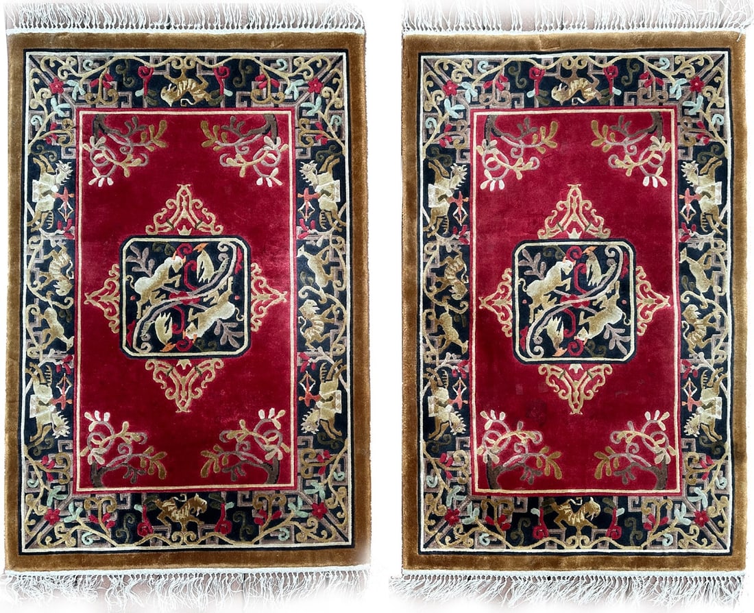 Chinese silk tapestry pair floral dragon 2x3 rugs: Chinese silk tapestry pair floral dragon 2x3 rugs This pair of vintage Chinese silk rugs features vibrant coral-red fields adorned with intricate floral dragon motifs and detailed borders. Each rug me
