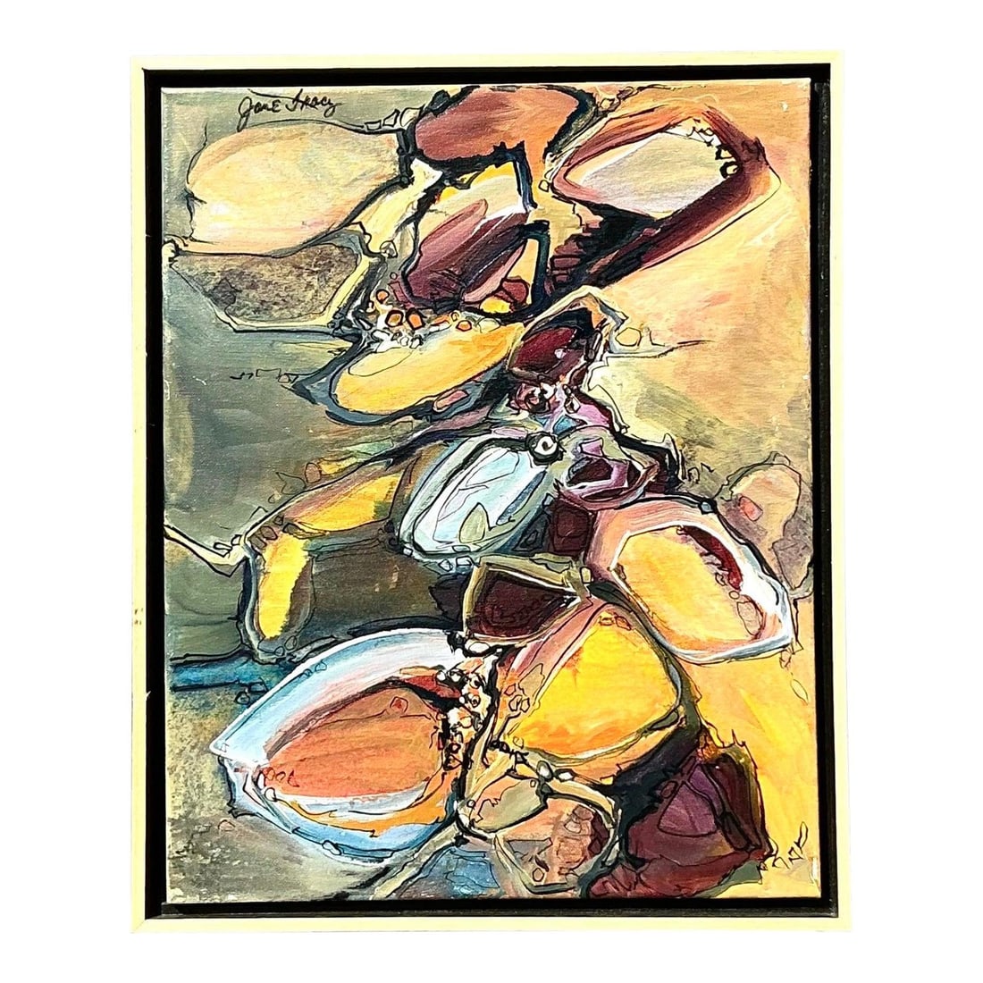 Framed abstract oil painting on canvas in light wood floater frame: Framed abstract oil painting on canvas in light wood floater frame This vintage original abstract oil painting exemplifies late mid-century expressionism, featuring interlocking rounded forms in a ref