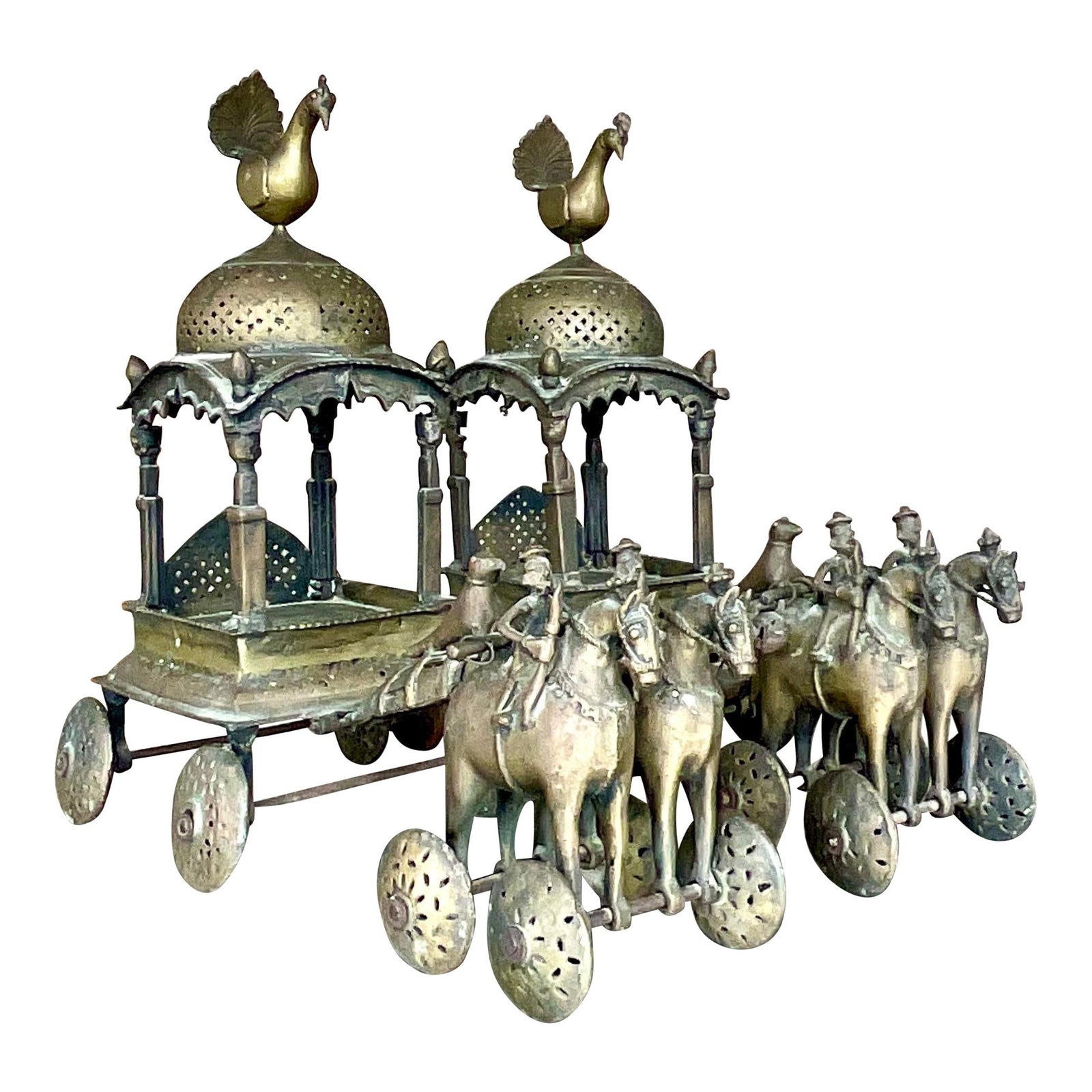 Vintage Boho Brass Caravan Temple Toys Pair with Moveable Wheels: Vintage Boho Brass Caravan Temple Toys Pair with Moveable Wheels Introducing a captivating pair of Vintage Regency Brass Caravan Toys, showcasing exquisite craftsmanship and intricate details on an al