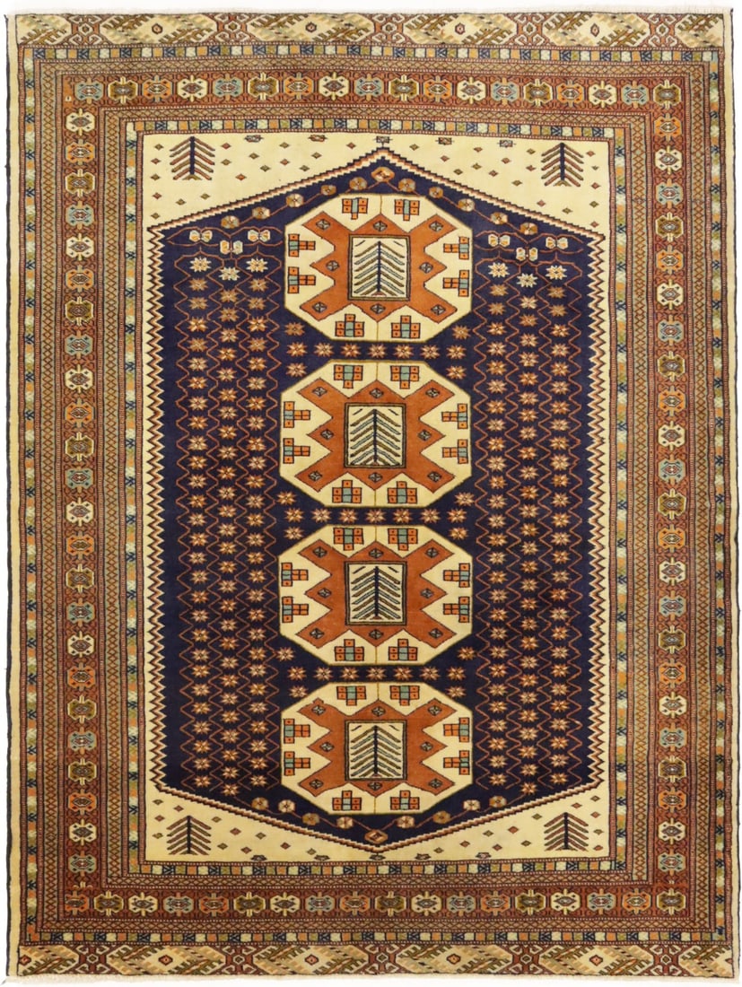 Vintage Hand-Knotted Wool Area Rug Plum Ocher Geometric Pattern 4'8 x 6'3: Vintage Hand-Knotted Wool Area Rug Plum Ocher Geometric Pattern 4'8 x 6'3 This handmade oriental area rug features a geometric design in shades of plum, cream, ocher, light blue, and dark brown. Craft
