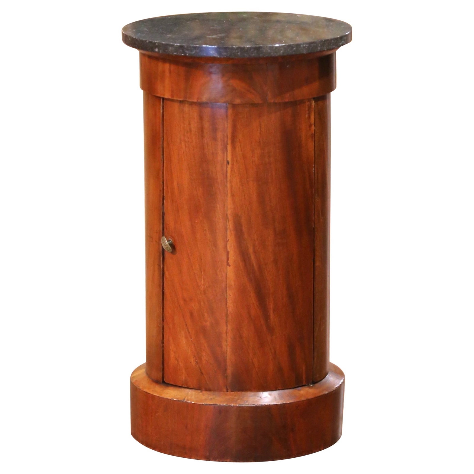 19th Century French Empire Walnut Bouillotte Table Black Fossil Marble Top: 19th Century French Empire Walnut Bouillotte Table Black Fossil Marble Top This exquisite 19th-century French Empire style bouillotte table is a stunning blend of functionality and artistry. Crafted c