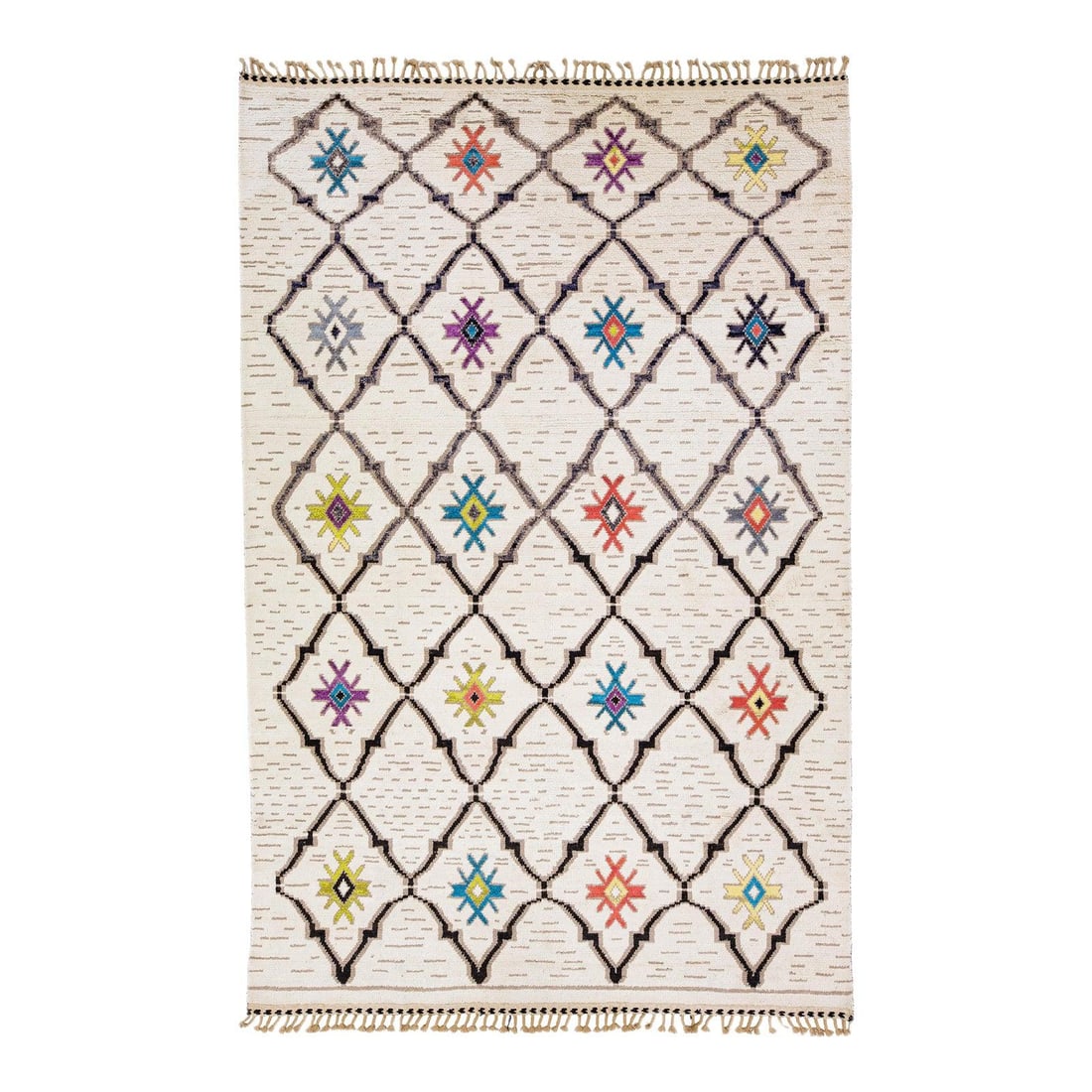 Handmade Tribal Motif Wool Rug in Ivory Modern Moroccan Style: Handmade Tribal Motif Wool Rug in Ivory Modern Moroccan Style Elevate your space with this stunning modern Moroccan style hand-knotted wool rug. Featuring a luxurious ivory field, this rug showcases a