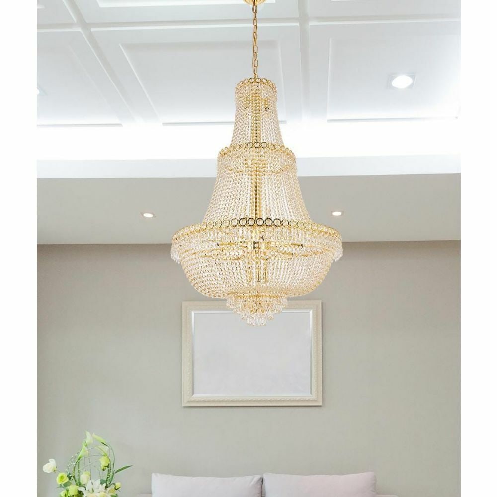 Century 17 Light Crystal Chandelier Gold 48 x 30: Century 17 Light Crystal Chandelier Gold 48 x 30 Elegant large foyer chandelier with a modern style and gold finish. It features 17 lights, clear royal cut crystals, and an empire shade shape. The fix