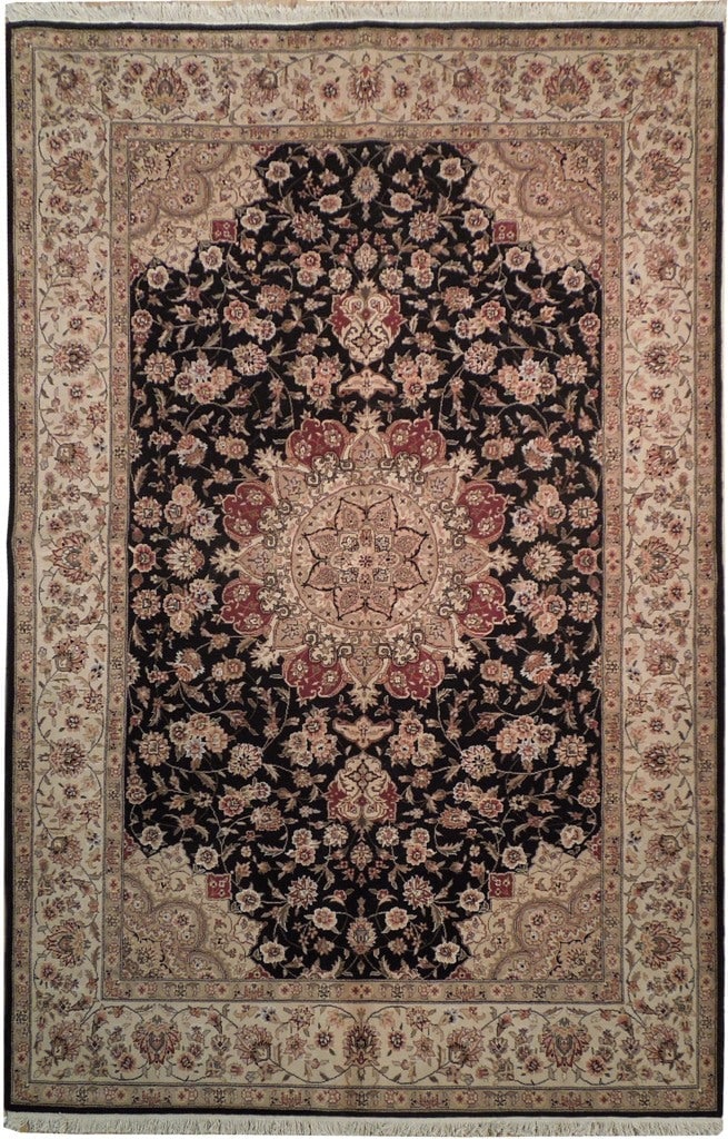 5.9 x 8.9 Black Sino Tabriz Handmade Wool Silk Rug: 5.9 x 8.9 Black Sino Tabriz Handmade Wool Silk Rug Free continental US Shipping Transform your living space with this exquisite 5.9 x 8.9 Black Sino Tabriz Wool & Silk Fine Quality Rug. Handcrafted in