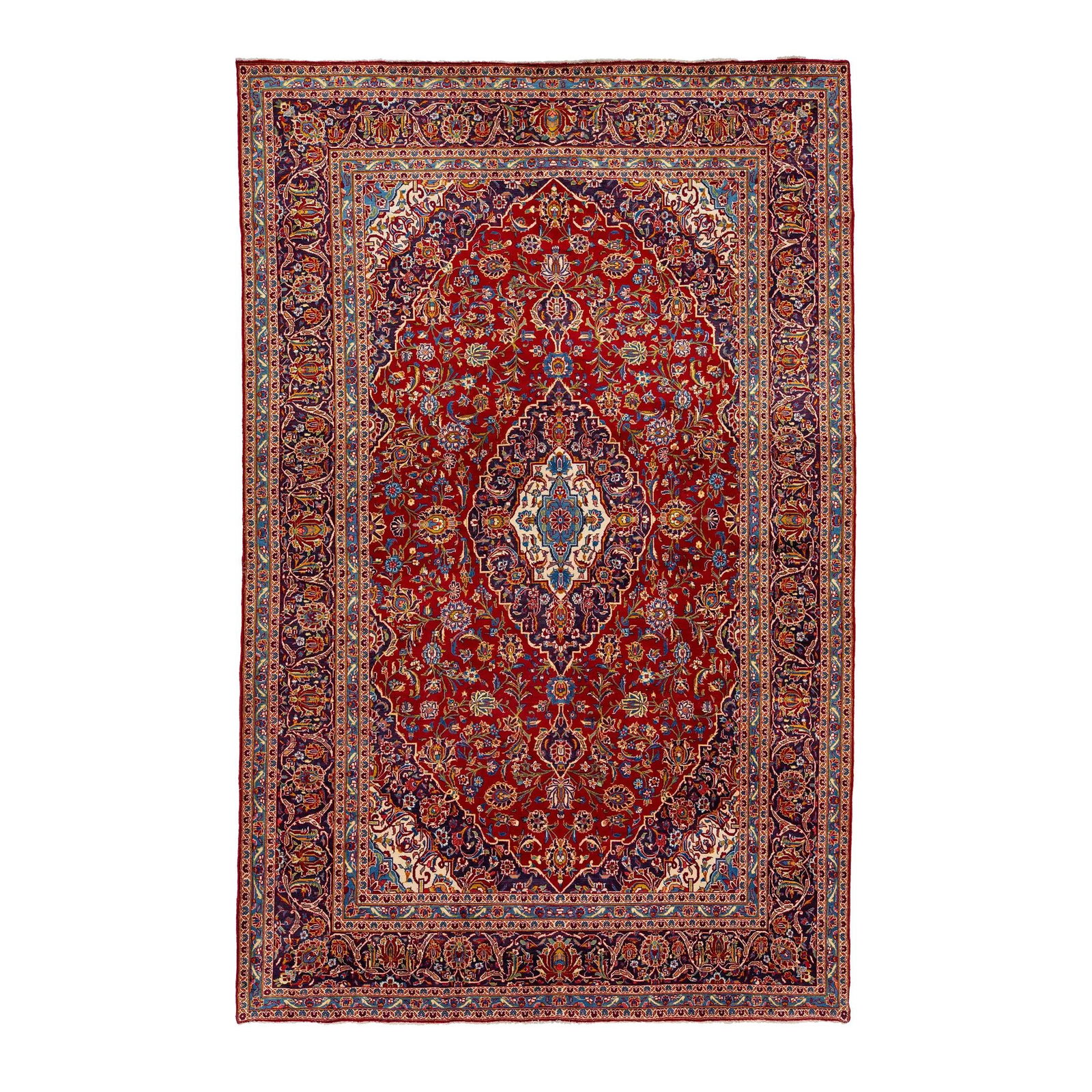 Vintage Kashan Medallion Wool Rug 7'11 x 12'4 Red Blue: Vintage Kashan Medallion Wool Rug 7'11 x 12'4 Red Blue Enhance your home with this stunning Vintage Kashan Medallion wool rug, featuring a classic medallion design in rich shades of red and blue. Craf