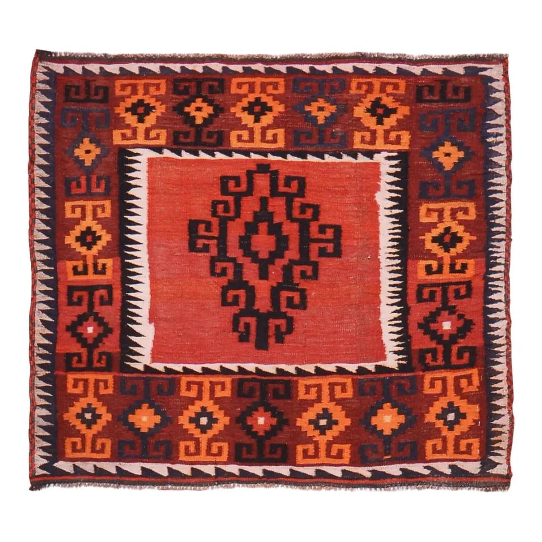 Afghan Wool Flatweave Rug 3'3x3'10 Red Kilim: Afghan Wool Flatweave Rug 3'3x3'10 Red Kilim This vintage Afghan hand-knotted kilim is expertly flatwoven from wool using traditional rug-making techniques. Showcasing a blend of classic craftsmanship