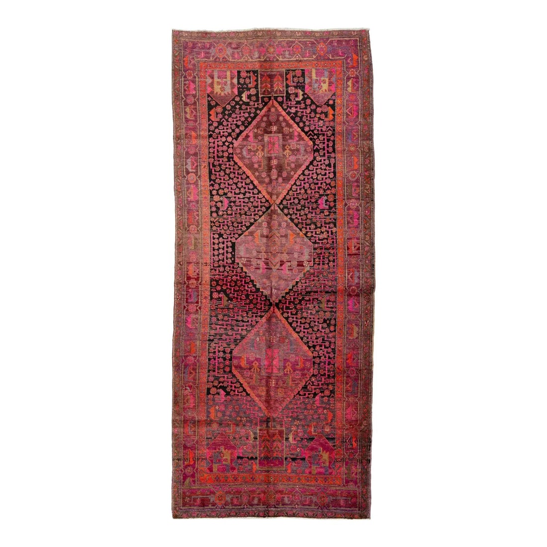Hand Knotted Shiraz Wool Runner 5'7 x 12'7 Pink: Hand Knotted Shiraz Wool Runner 5'7 x 12'7 Pink This hand-knotted vintage Shiraz wool rug features three prominent diamond medallions set against a richly patterned red field. The design is enhanced w