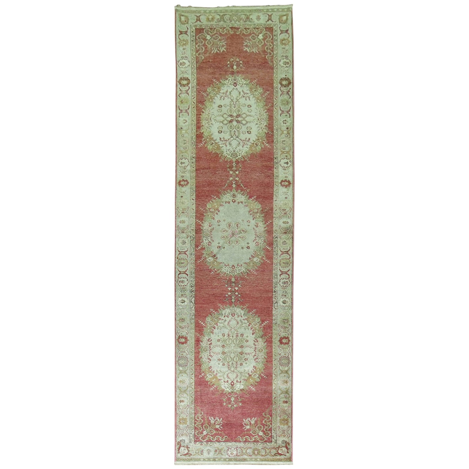 36 x 152 in Wool Hand Knotted Oushak Runner: 36 x 152 in Wool Hand Knotted Oushak Runner This vintage Oushak runner from the mid-20th century features a classic design with three medallions set within an elaborate border. Hand-knotted from wool,