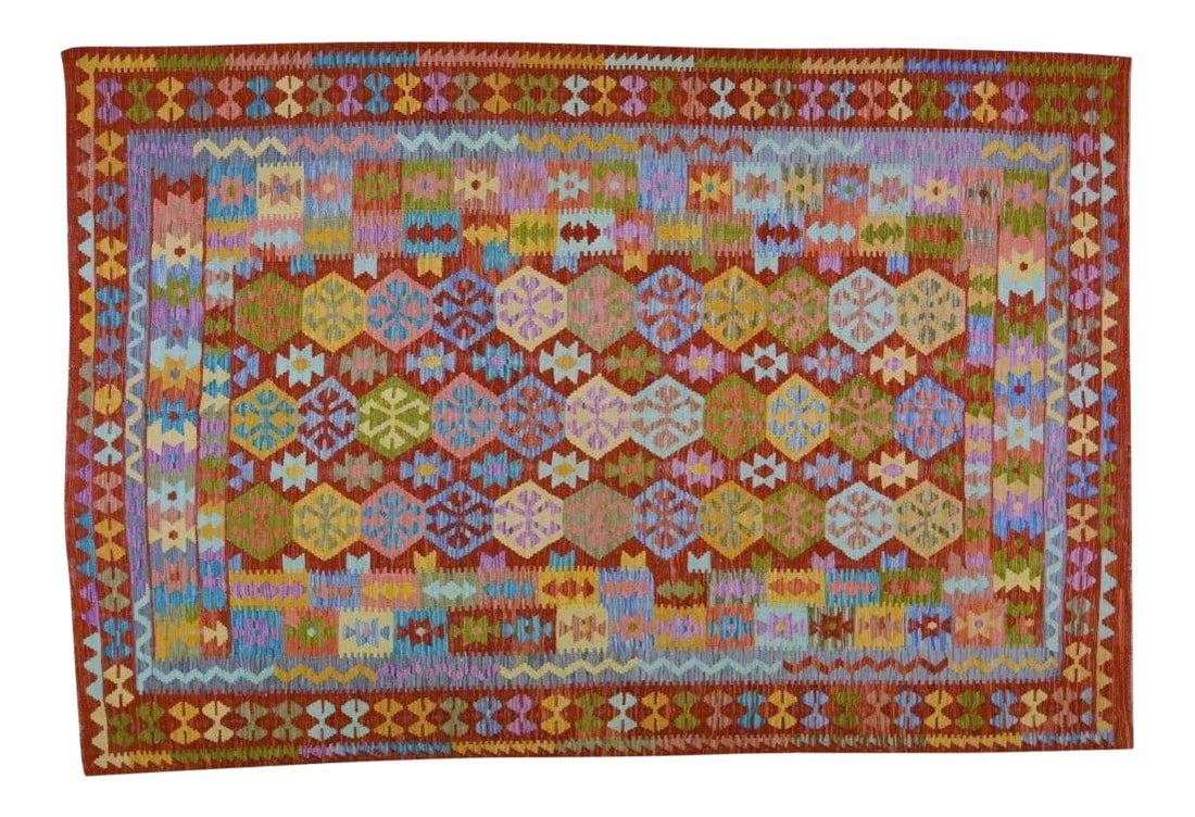 Afghan Maimana Wool Kilim Rug 6'6 x 9'9 Geometric Handwoven Vintage: Afghan Maimana Wool Kilim Rug 6'6 x 9'9 Geometric Handwoven Vintage This vintage Afghan Maimana kilim is handwoven from wool and features natural colors with a striking geometric pattern. The rug is p