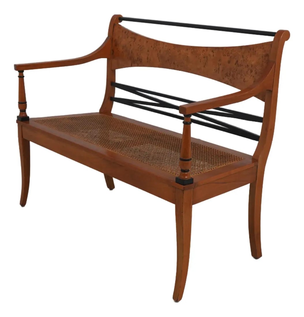 Vintage Biedermeier Style Burlwood Cane Seat Settee with Ebony Accents: Vintage Biedermeier Style Burlwood Cane Seat Settee with Ebony Accents This exquisite Vintage Burlwood Biedermeier Style Cane Seat Settee combines elegant design with high-quality construction. Crafte