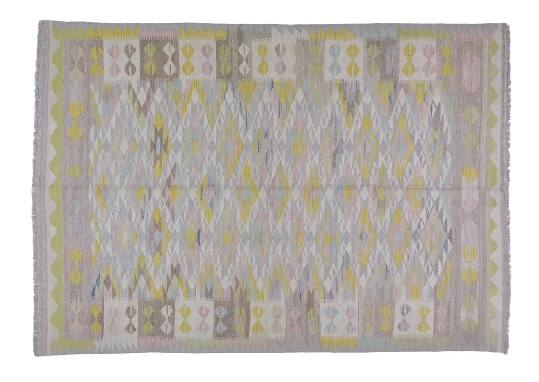 5'7" x 8' Maimana Kilim Rug Handwoven Afghan Tribal Organic Wool: 5'7" x 8' Maimana Kilim Rug Handwoven Afghan Tribal Organic Wool This vintage Afghan Maimana tribal kilim features a hand-woven geometric pattern crafted from organic wool and natural colors. The rug 