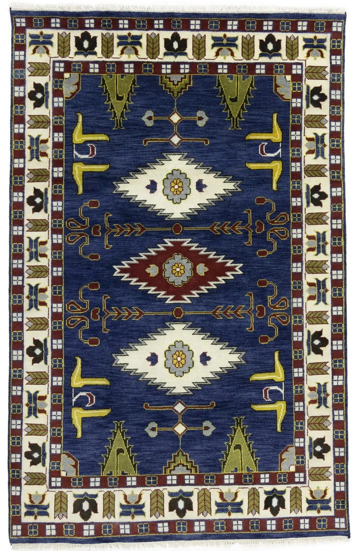 Hand-Knotted Kazak Wool Rug Tribal Geometric Design 5'9 x 8'11: Hand-Knotted Kazak Wool Rug Tribal Geometric Design 5'9 x 8'11 This stunning Hand-Knotted Kazak Oriental Rug features a vibrant geometric design that adds a touch of tribal boho style to any room. Cra