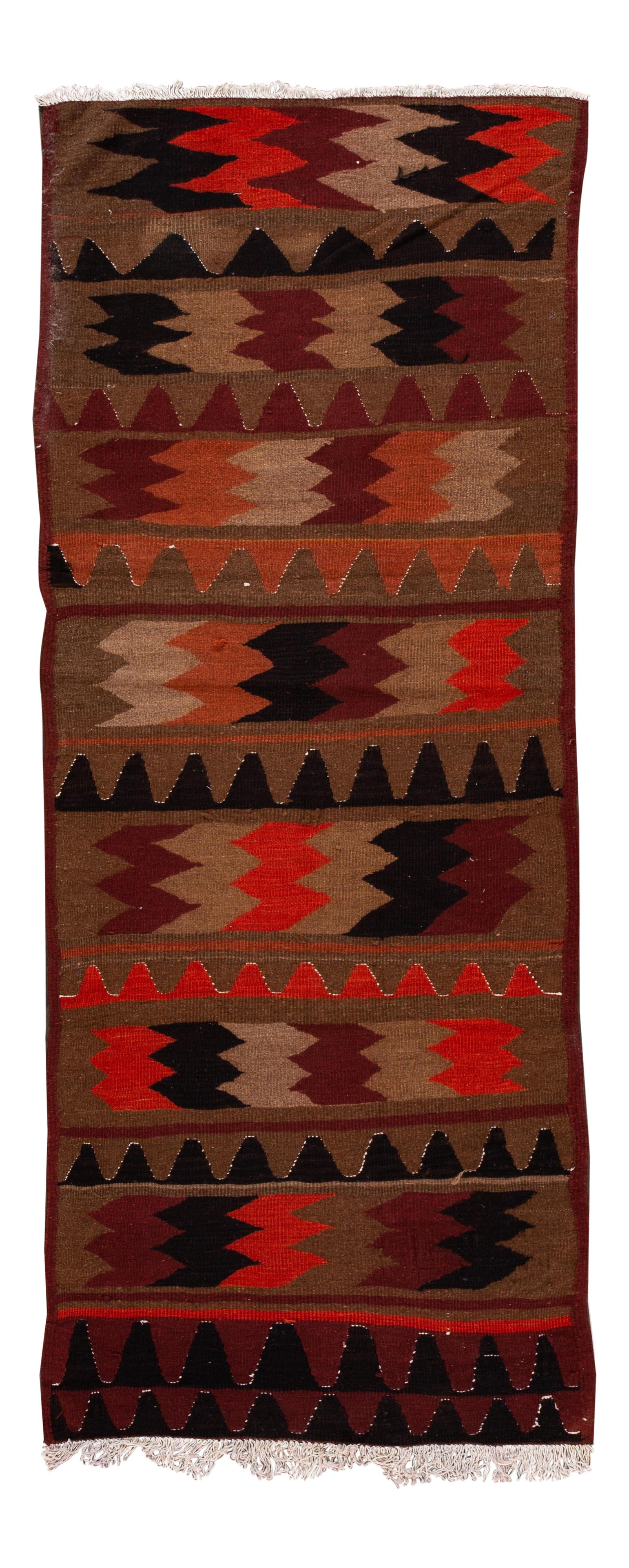 Mid-Century Vintage Kilim Runner Rug Wool Tan Geometric 3'6" x 9'1": Mid-Century Vintage Kilim Runner Rug Wool Tan Geometric 3'6" x 9'1" This exquisite hand-woven vintage Kilim runner features a tan field adorned with vibrant multi-color accents, showcasing an intricat
