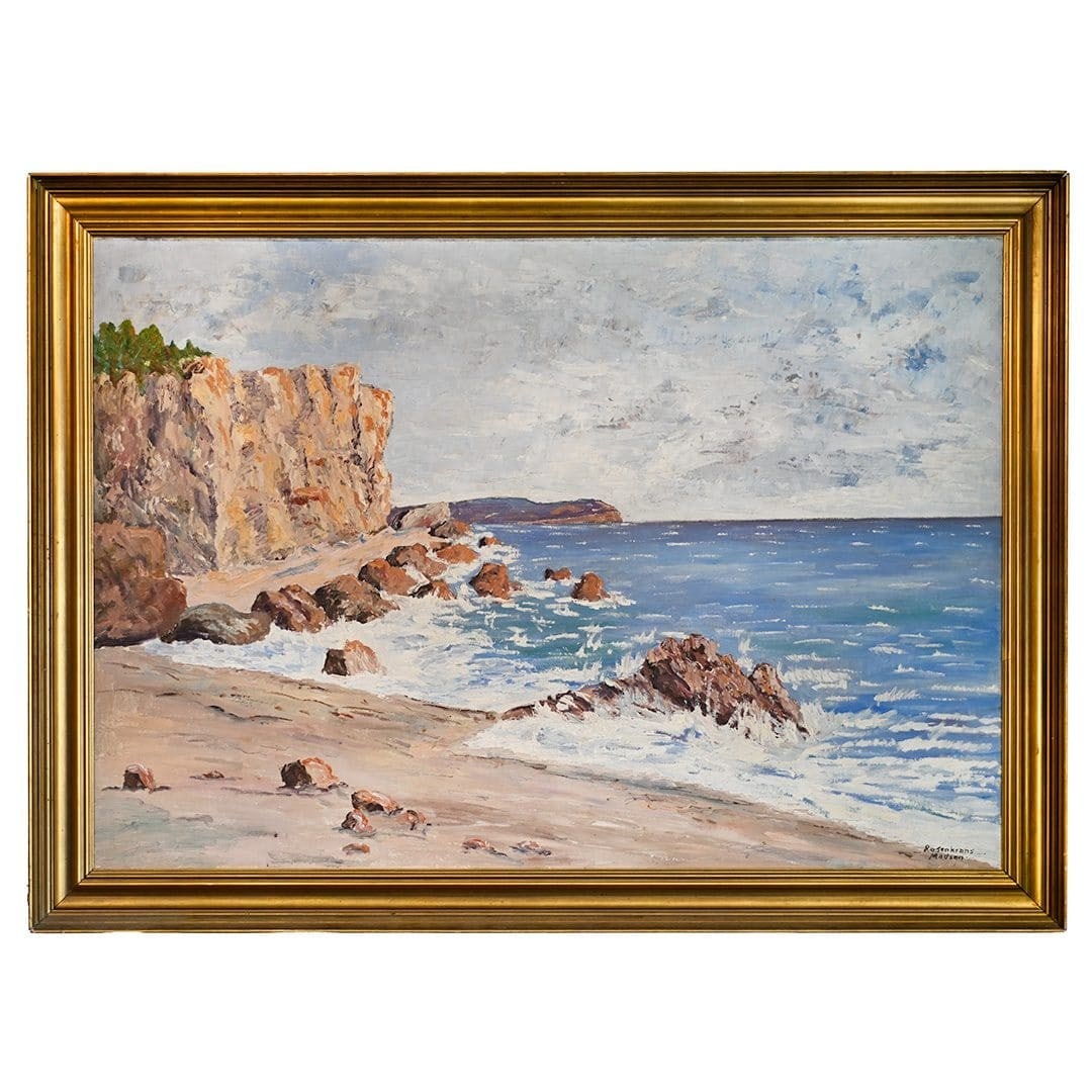 Framed Rosenkrans Madsen coastal seascape canvas painting 32 x 44: Framed Rosenkrans Madsen coastal seascape canvas painting 32 x 44 "Coastal Beach" by Rosenkrans Madsen is a signed, framed painting that beautifully depicts a tranquil seascape. Executed in the Impres