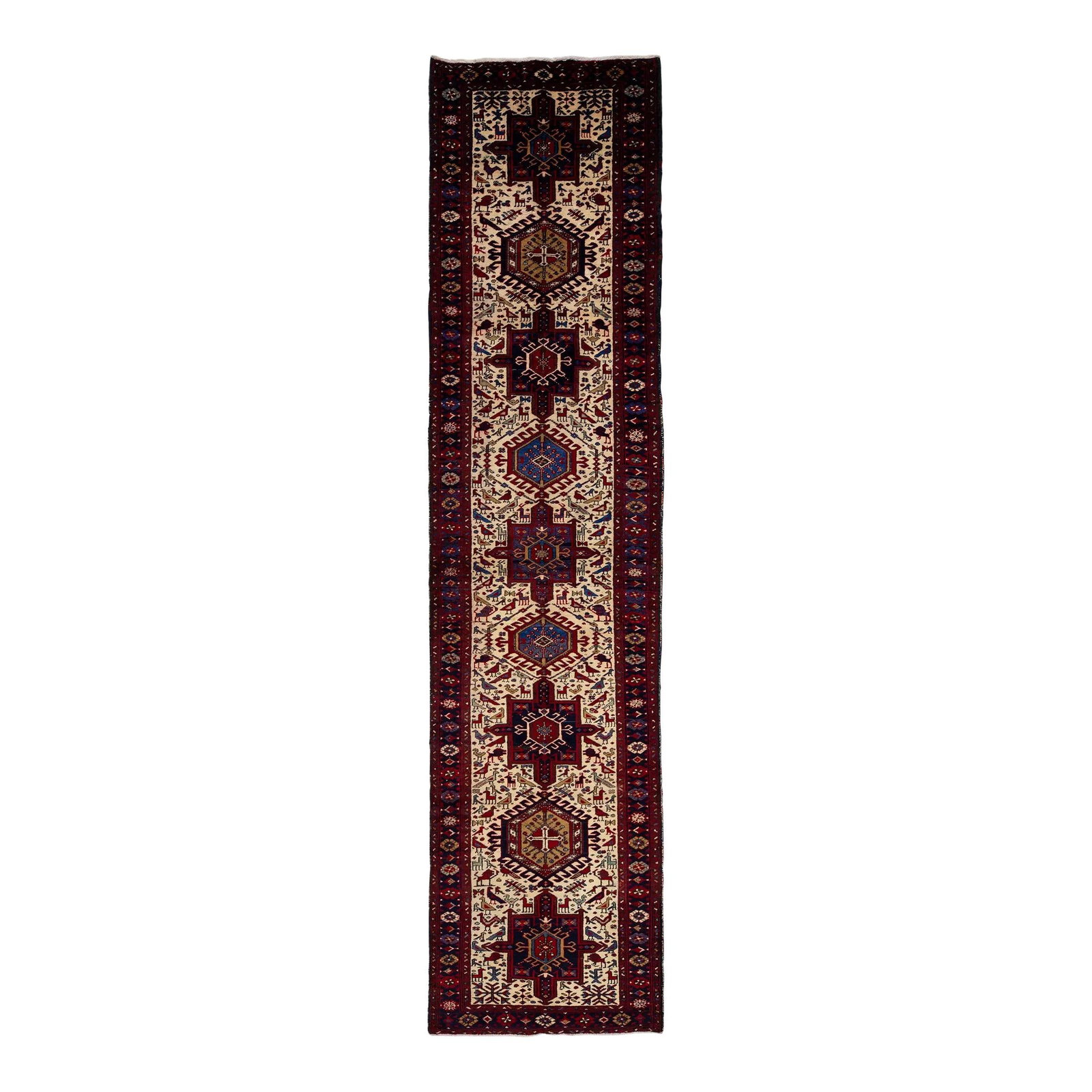 1960s Handmade Tribal Beige Heriz Wool Runner 3'6 x 14'9: 1960s Handmade Tribal Beige Heriz Wool Runner 3'6 x 14'9 Experience the unique charm of this 1960s Vintage Handmade Tribal Beige Heriz Wool Runner. This exquisite piece features a hand-knotted constru
