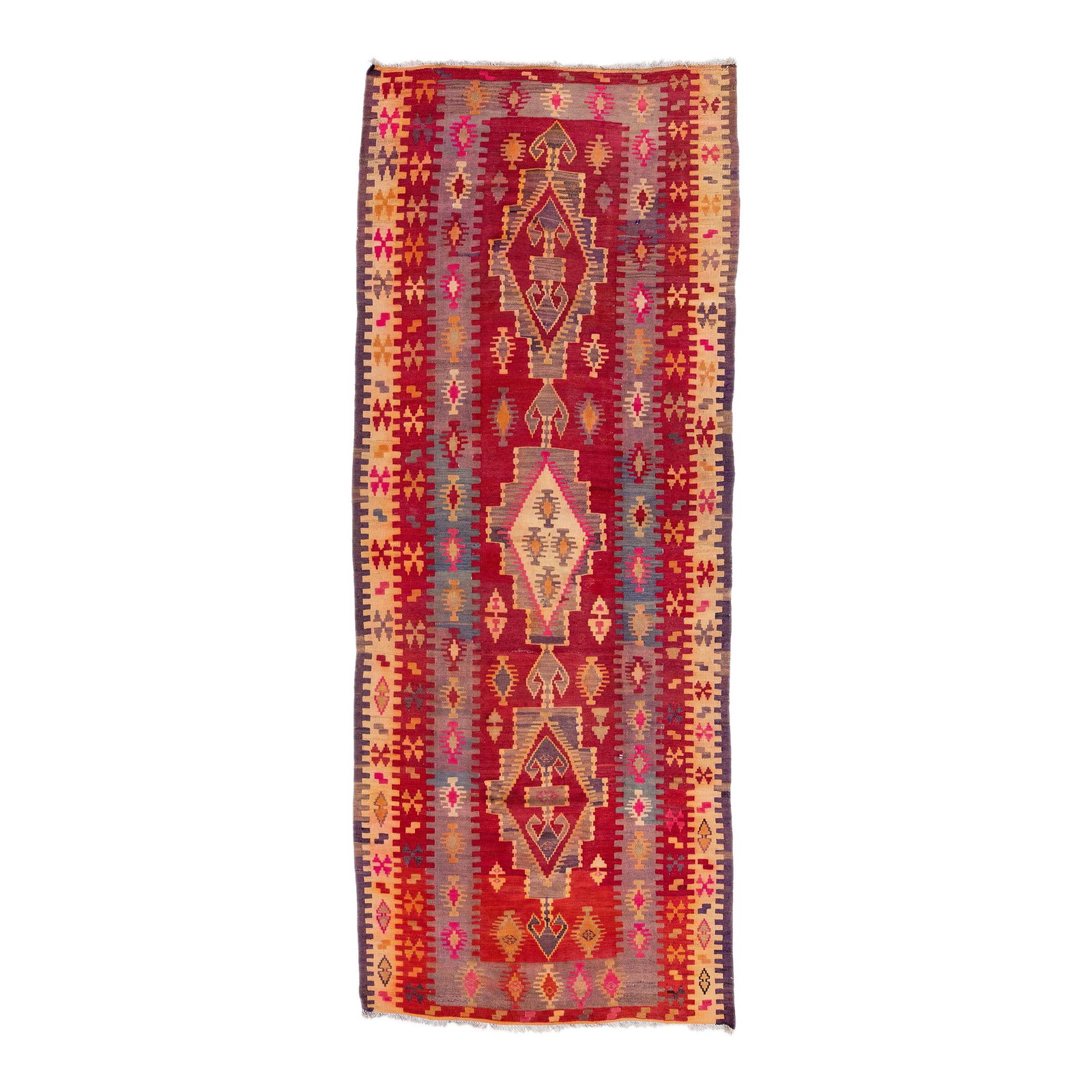 Vintage Turkish Kilim Wool Runner Red Tribal Design 5 x 12'7: Vintage Turkish Kilim Wool Runner Red Tribal Design 5 x 12'7 Discover a stunning vintage Turkish Kilim runner, meticulously hand-knotted from high-quality wool. This beautiful piece features a vibrant