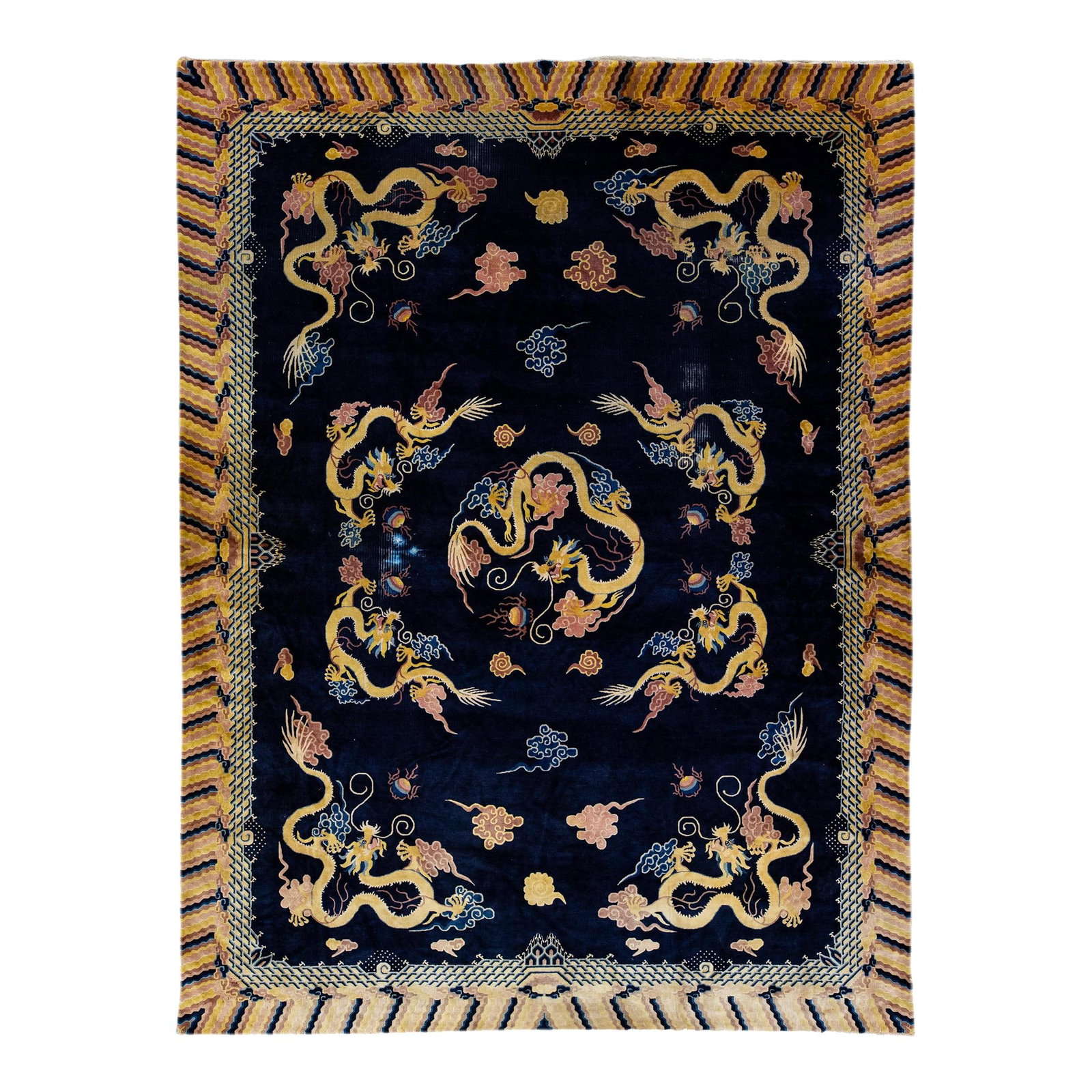 Antique Peking Hand-Knotted Wool Rug with Dragon Design 9'10 x 13'3: Antique Peking Hand-Knotted Wool Rug with Dragon Design 9'10 x 13'3 This exquisite antique Dragon Peking Chinese rug showcases a stunning hand-knotted design, featuring a rich dark blue field adorned 