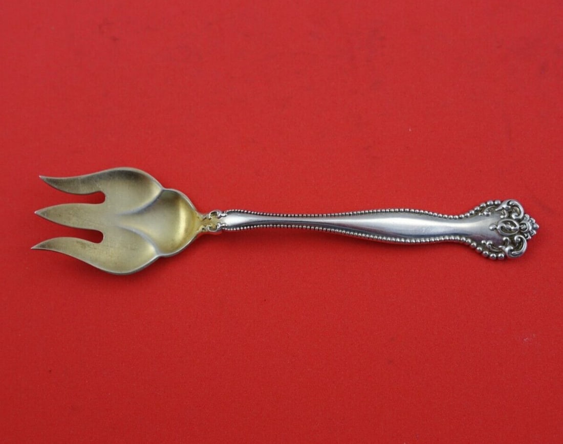 Alvin Raleigh Sterling Silver Ice Cream Fork Gold Wash 5 Inch: Alvin Raleigh Sterling Silver Ice Cream Fork Gold Wash 5 Inch Discover the exquisite Raleigh ice cream fork by Alvin, a timeless piece crafted from sterling silver with a luxurious gold wash. Measurin