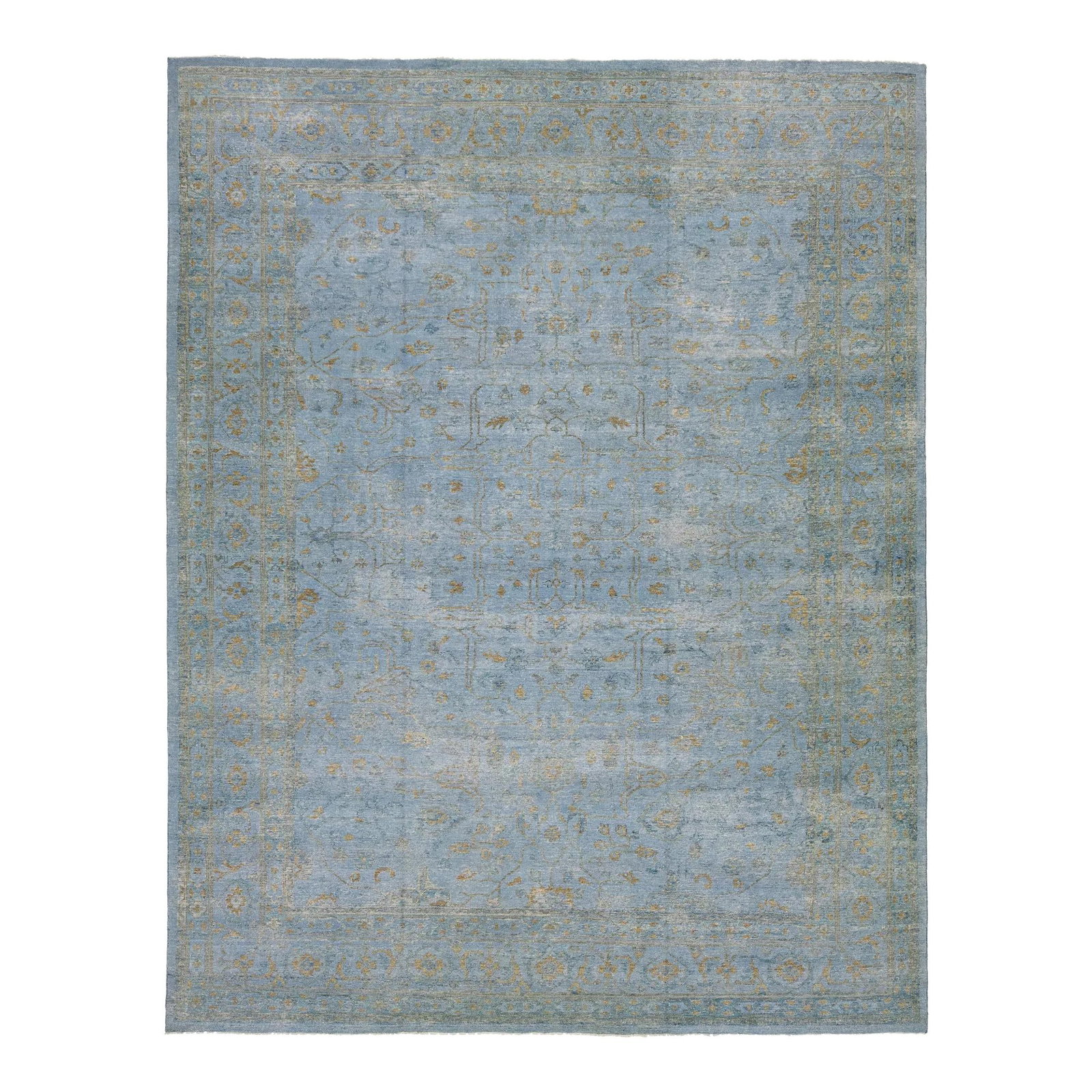 Handmade Oushak Style Wool Rug Blue Gold Floral 11'9 x 15': Handmade Oushak Style Wool Rug Blue Gold Floral 11'9 x 15' Elevate your space with this exquisite handmade Oushak rug, featuring a striking blue field adorned with an intricate all-over golden floral 