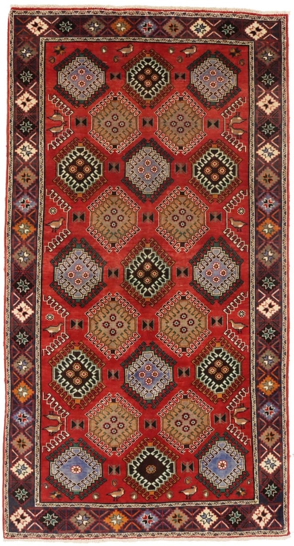 Hand-Knotted Wool Tribal Oriental Area Rug 5'0 x 9'4 Vintage Geometric Pattern: Hand-Knotted Wool Tribal Oriental Area Rug 5'0 x 9'4 Vintage Geometric Pattern This semi-antique hand-knotted wool oriental rug features a striking tribal geometric design in a palette of scarlet red,
