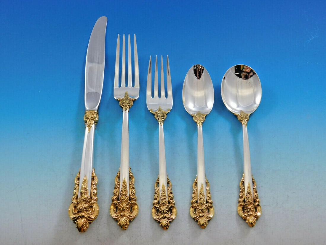 Wallace Grande Baroque Gold Accent Sterling Silver Flatware Set for 12 - 65 Pieces: Wallace Grande Baroque Gold Accent Sterling Silver Flatware Set for 12 - 65 Pieces This exquisite Grande Baroque flatware set by Wallace features a stunning gold accent and is crafted from high-qualit