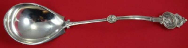 Schulz and Fischer Medallion Sterling Silver 14 Inch Soup Ladle: Schulz and Fischer Medallion Sterling Silver 14 Inch Soup Ladle This exquisite soup ladle is crafted in sterling silver and features the elegant Medallion pattern by Schulz and Fischer. With a generou