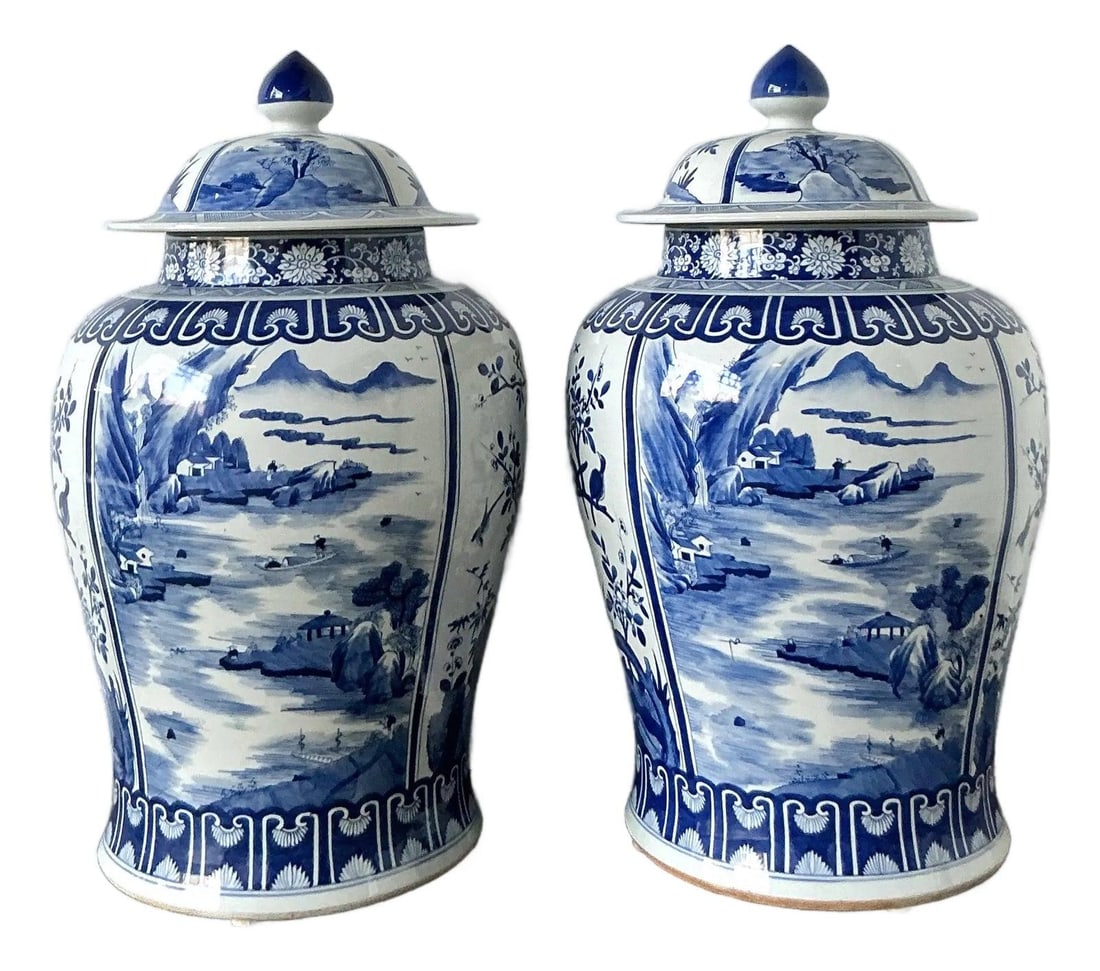 Pair of Large Blue and White Porcelain Temple Jars with Lids (1 of 10)
