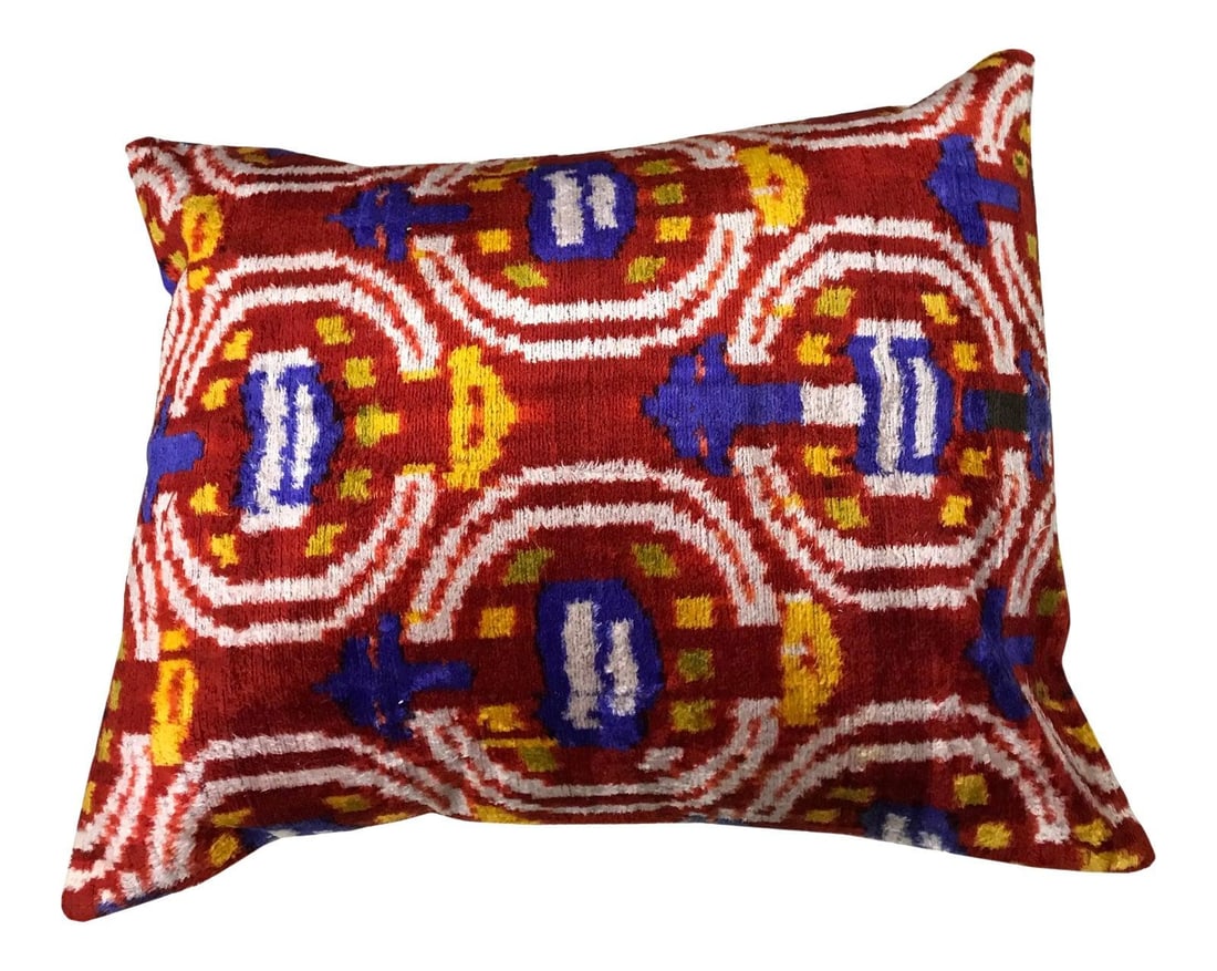 Handcrafted Uzbek Silk Ikat Velvet Pillow with Linen Back 15x18 (1 of 3)