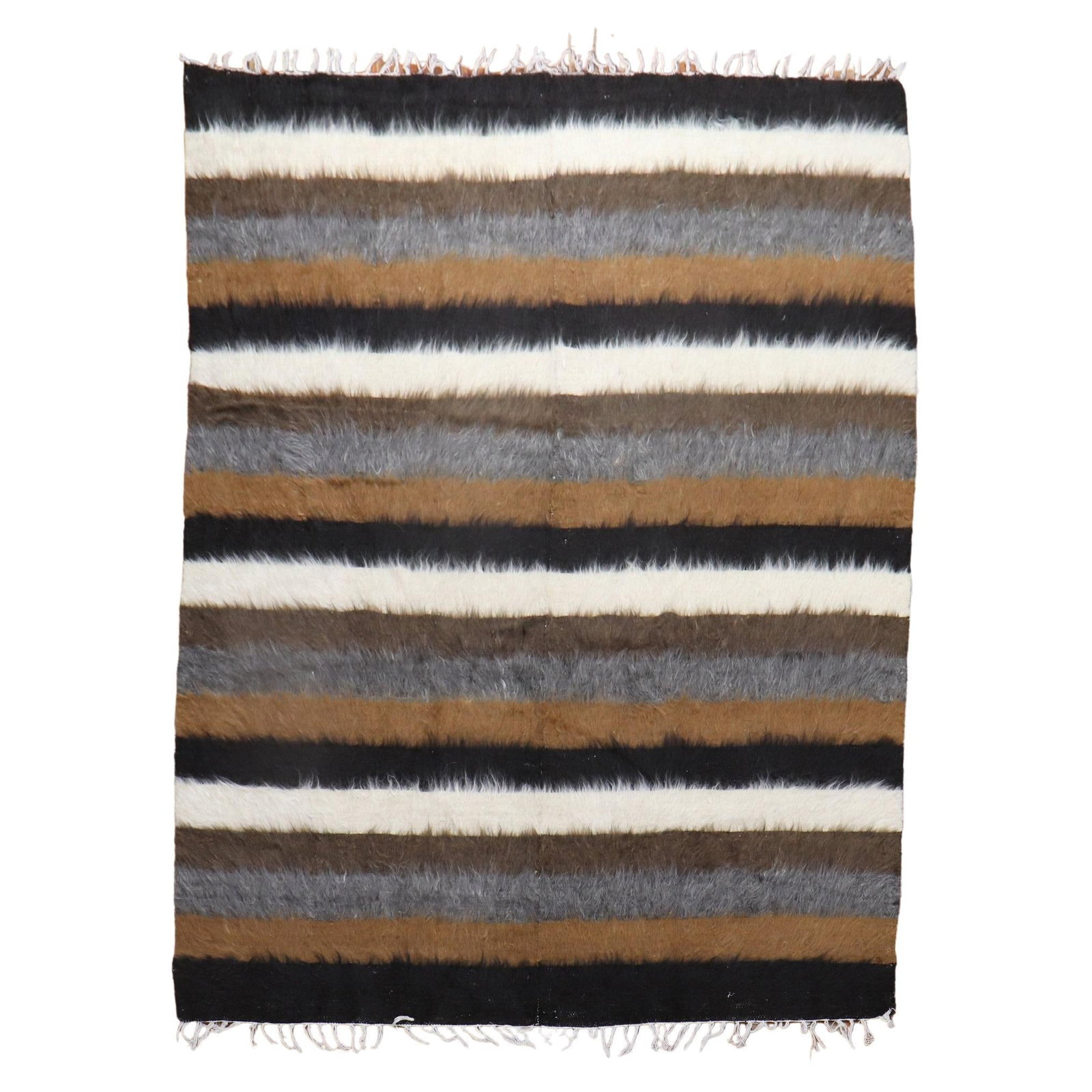 Mid-Century Modern Striped Turkish Mohair Rug Hand-Woven 63 x 79: Mid-Century Modern Striped Turkish Mohair Rug Hand-Woven 63 x 79 Introducing a unique Striped Turkish Mohair Rug, expertly hand-woven from premium mohair and wool. This mid-century modern masterpiece,
