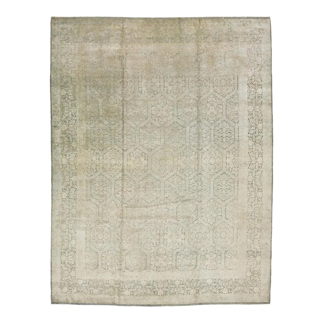 Beige Handmade Wool Rug 13'9 x 17'9 Floral Design: Beige Handmade Wool Rug 13'9 x 17'9 Floral Design Enhance your living space with this exquisite Transitional Beige Handmade Wool and Silk Rug. This contemporary hand-knotted piece features a stunning 