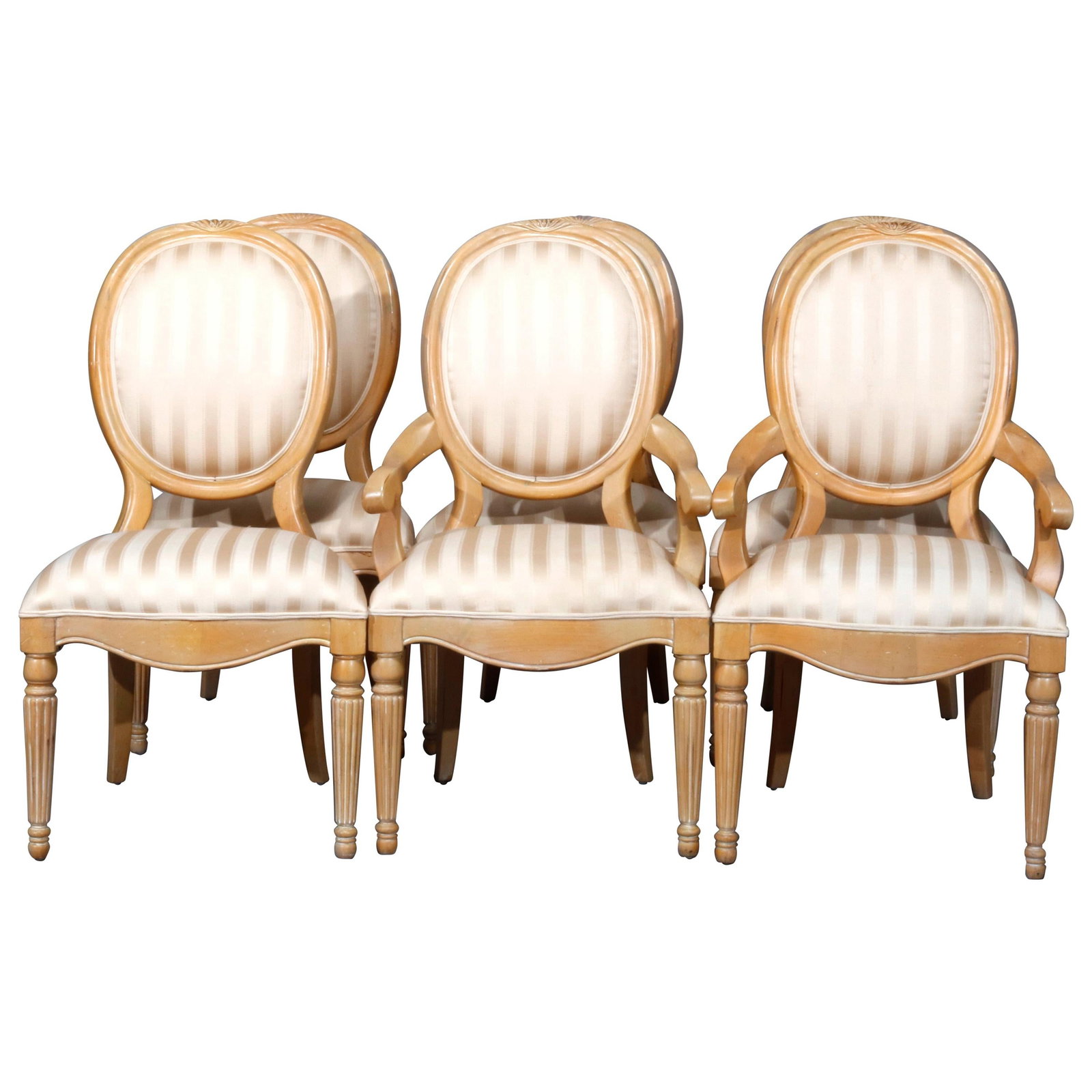 Set of 6 Vintage French Louis XVI Dining Chairs with Upholstery: Set of 6 Vintage French Louis XVI Dining Chairs with Upholstery This exquisite set features six vintage French Louis XVI style dining chairs, crafted in the 20th century. The collection includes two e