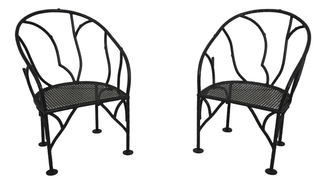 Winterthur Faux Bois Iron Chairs Arts & Crafts Design Pair: Winterthur Faux Bois Iron Chairs Arts & Crafts Design Pair This pair of Winterthur Faux Bois Iron Chairs showcases high-quality construction with an Arts & Crafts frame designed to resemble natural br
