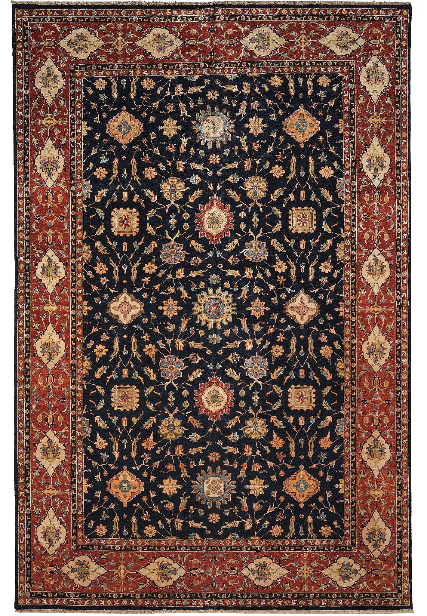12 x 18 Hand-Knotted Agra Rug Midnight Blue Rust Wool: 12 x 18 Hand-Knotted Agra Rug Midnight Blue Rust Wool Free continental US Shipping This 12 x 18 hand-knotted Agra rug features a classic floral design with scrolling vines and refined borders in a mid