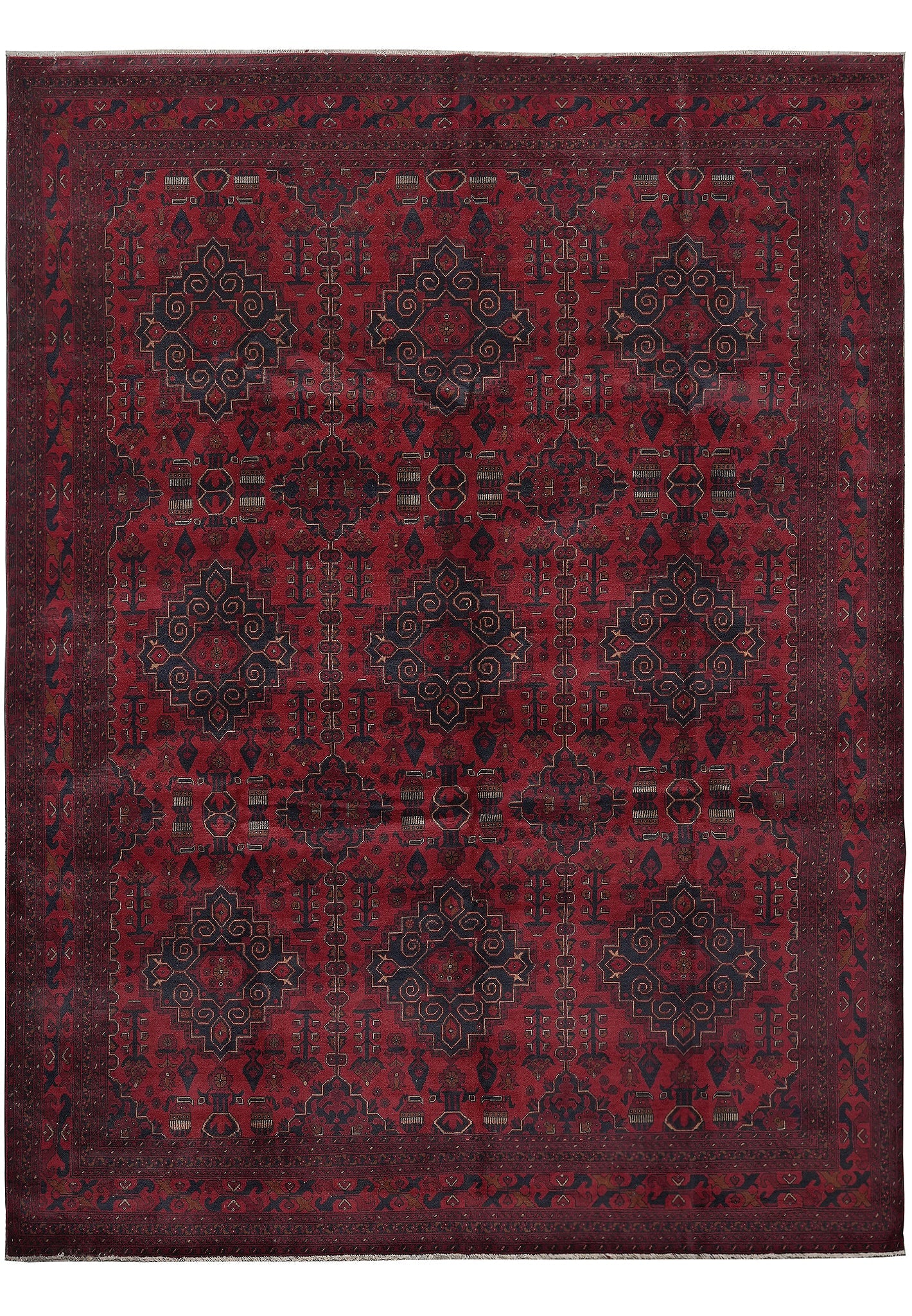 10 x 13 Afghan Khal Mammadi Hand Knotted Wool Rug Dark Red Black: 10 x 13 Afghan Khal Mammadi Hand Knotted Wool Rug Dark Red Black Free continental US Shipping This 10 x 13 foot Afghan Khal Mammadi rug features traditional tribal artistry with bold geometric pattern