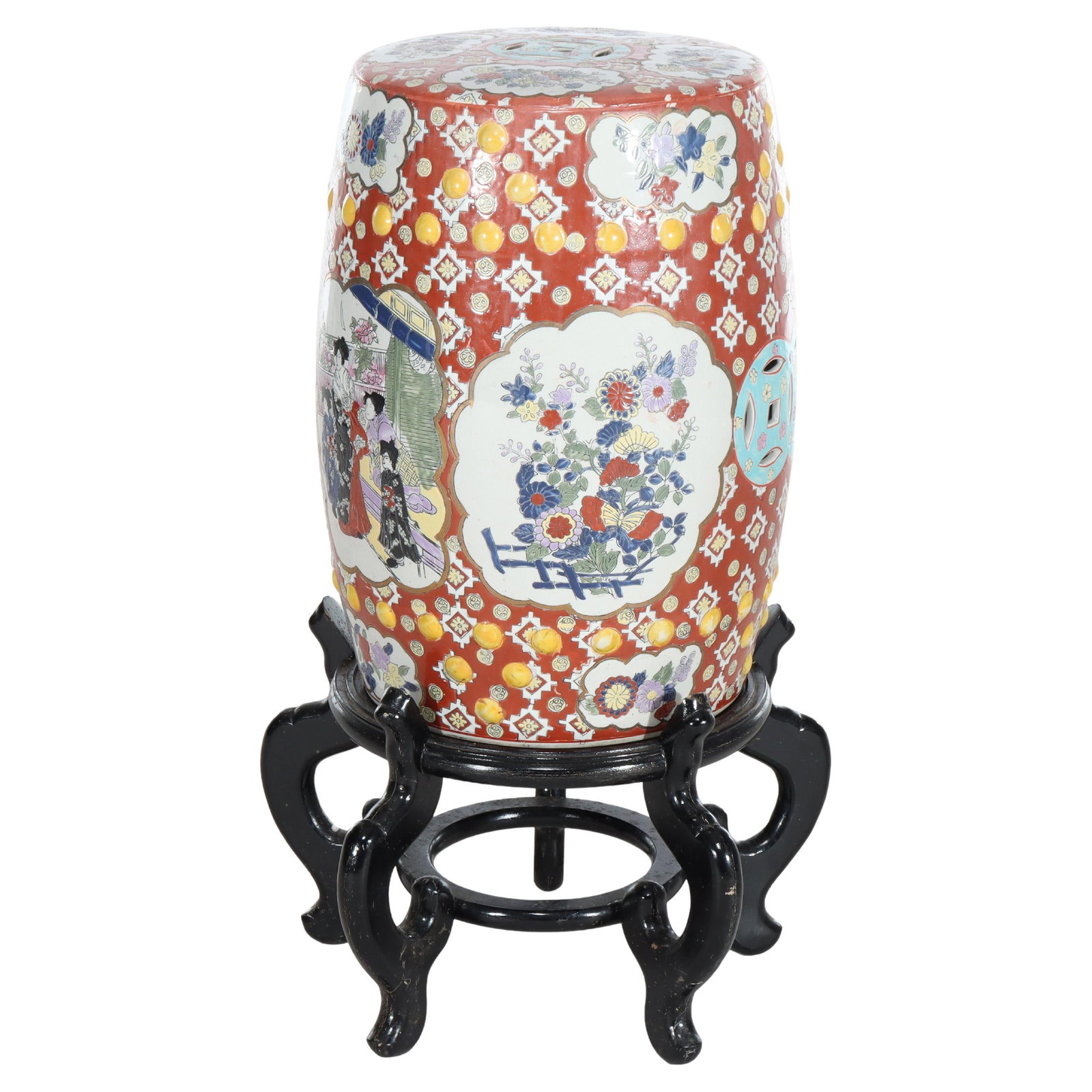 Vintage Chinese Floral Pottery Garden Seat with Wooden Base: Vintage Chinese Floral Pottery Garden Seat with Wooden Base This vintage Chinese garden seat from the mid-20th century is a stunning piece that combines functionality with traditional artistry. Crafte